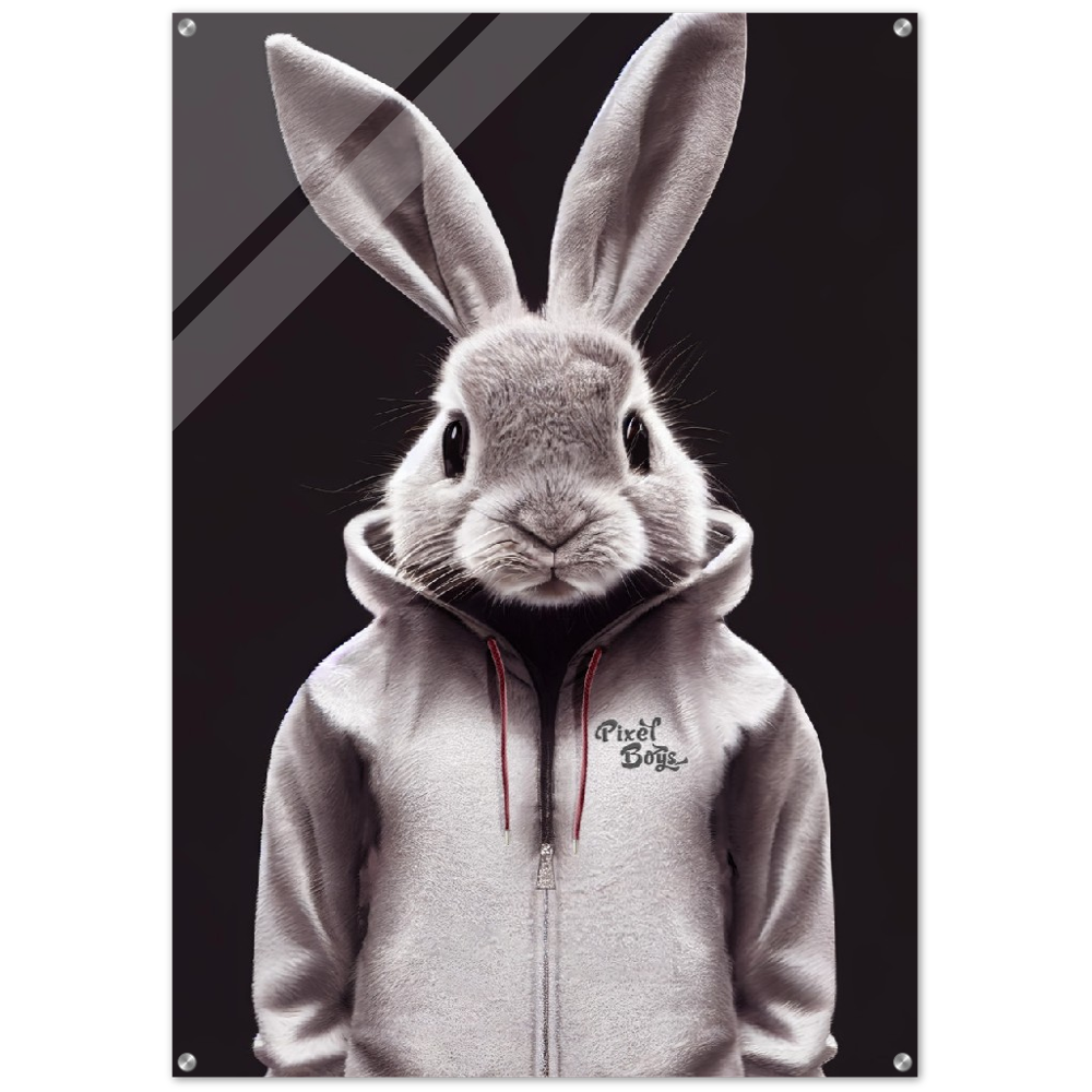 Acrylbild - Bunny in grey tracksuit - Fashion Gang - Acryldruck - Ostern - Geschenkidee - Osterhase - Bunny Crew: "Valerian" - "Caesar" - "Constantin" - "Cleo"-Titus - Weisser Hase - Easter Bunny - Cute - grey tracksuit - sweats - Alice's Adventures in Wonderland - Modemarke - Pixelboys Brand - Valerian der Hase - Kaninchen  - Künstler: "Pixelboys" - Atelier - Germany - Berlin - Hamburg - Colgne - France - Paris - Italy - Rom - USA - America - New York City - Los Angeles - Chicago - 