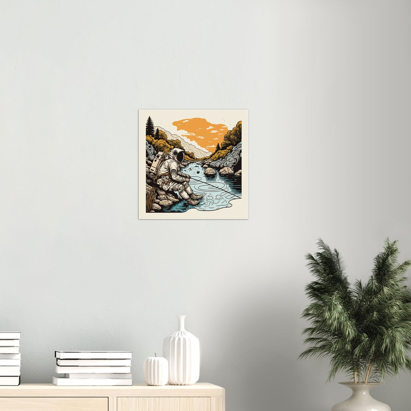 Poster in Museumsqualität - Fishing Astronaut - Buzz - Angeln - Astronaut - Natur - Posterleisten - USA - Fineart - Posterrahmen  - Wandkunst - Holzrahmen - Poster with frame - people of color - artwork - art brand - printed cup personalized - Holzleisten - pixelboys - Kunstdrucke - wandbilder - wall art - Kunst auf Tassen  - Office Poster - Gastrotassen - Wanddekoration - Acrylkunst - Geschenkidee - Office Poster - Acryldruck - Abstrakte Kunst -