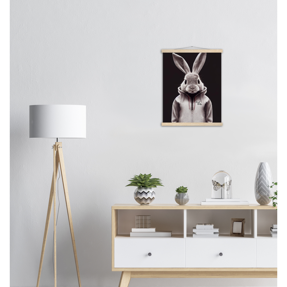 Poster mit Leisten (Holz) - Bunny in grey tracksuit - Fashion Gang - Wandbild - Ostern - Geschenkidee - Osterhase - Bunny Crew: "Valerian" - "Caesar" - "Constantin" - "Cleo"-Titus - Weisser Hase - Easter Bunny - Cute - grey tracksuit - sweats - Alice's Adventures in Wonderland - Modemarke - Pixelboys Brand - Valerian der Hase - Kaninchen  - Künstler: "Pixelboys" - Atelier - Germany - Berlin - Hamburg - Colgne - France - Paris - Italy - Rom - USA - America - New York City - Los Angeles - Chicago - 