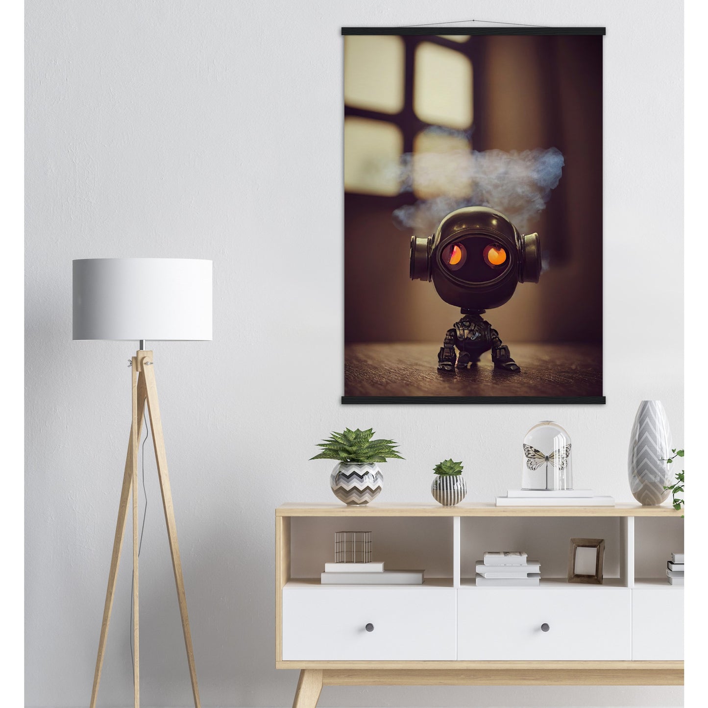 Poster mit Leisten (Holz) in Museumsqualität - Tiny robot - with smoke around his head - "Tiny Tim" - Wandbild - Customizable Coffee Cup - Personalized Gifts - Kunstdruck - Rauchender Roboter - Steampunk - Acryldruck - Smoking Robots - Personalized Gifts - Poster with frame - Wall Art - - zukunft - Kunstwerk - Office Poster - Poster mit Rahmen - Kaffee Tasse  - Bedruckte Tassen - Kunst Marke - Art Brand - Wandbild - Kunstdrucke - Künstler: John Grayst & Pixelboys - emotional robots - Geschenkidee 