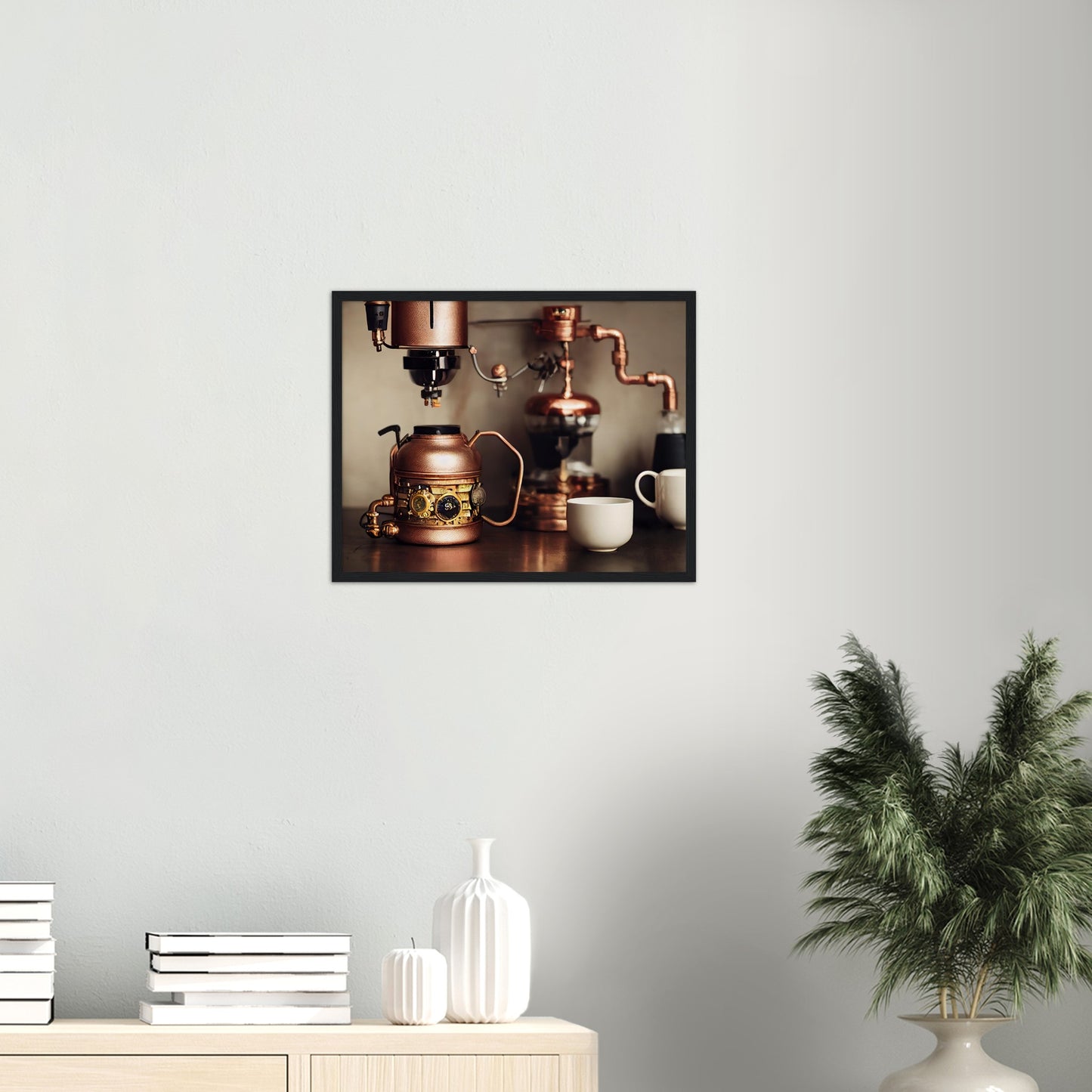 Poster mit Rahmen in Museumsqualität - Steampunk - Coffee Maker - No.1 - Wandbild - Kunstwerk - Kunst auf Postern - Fine Art - Steampunk - Future - Maschine - Poster with frame - Office Poster - Art Brand - Pixelboys - Coffee House - Restaurant Poster - Schöner Wohnen - Dekoration - Wall Art - Kunstdruck - Geschenkidee - Kunst auf Acrylglas - Personalisierbare Tasse - Gastro Poster - Gewerbliche Poster - exklusiv