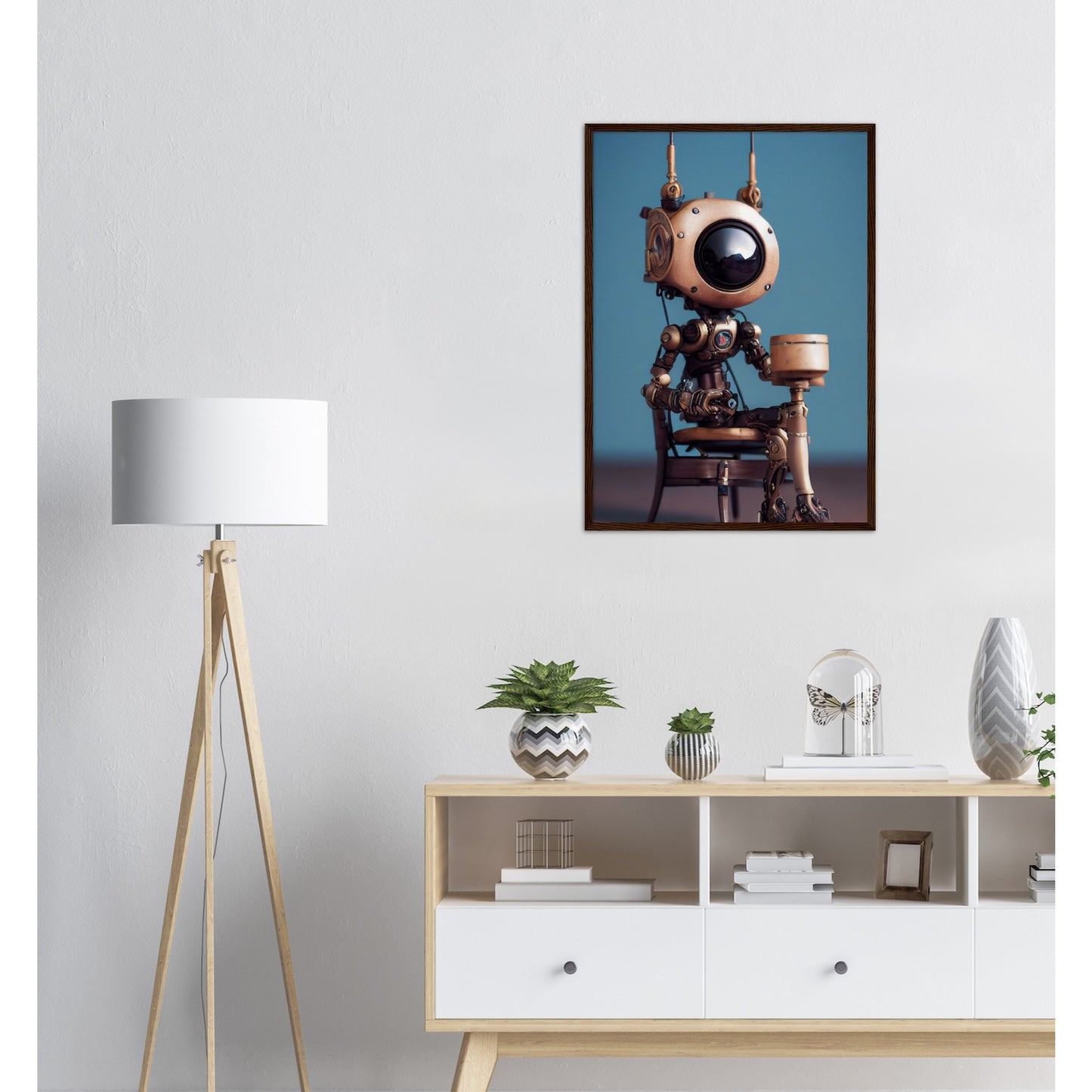 Poster mit Rahmen (Holz) in Museumsqualität - Tiny robot with a present - "Tiny Sam" - Wandbild - Customizable Coffee Cup - Personalized Gifts - Kunstdruck - Roboter mit Geschenk - Steampunk - Acryldruck - Present Robots - Personalized Gifts - Poster with frame - nr.5 lebt - zukunft - Kunstwerk - Office Poster - Poster mit Rahmen - Kaffee Tasse  - Bedruckte Tassen - Kunst Marke - Art Brand - Wandbild - Kunstdrucke - Künstler: John Grayst & Pixelboys - emotional robots - Geschenkidee - Wall Art -