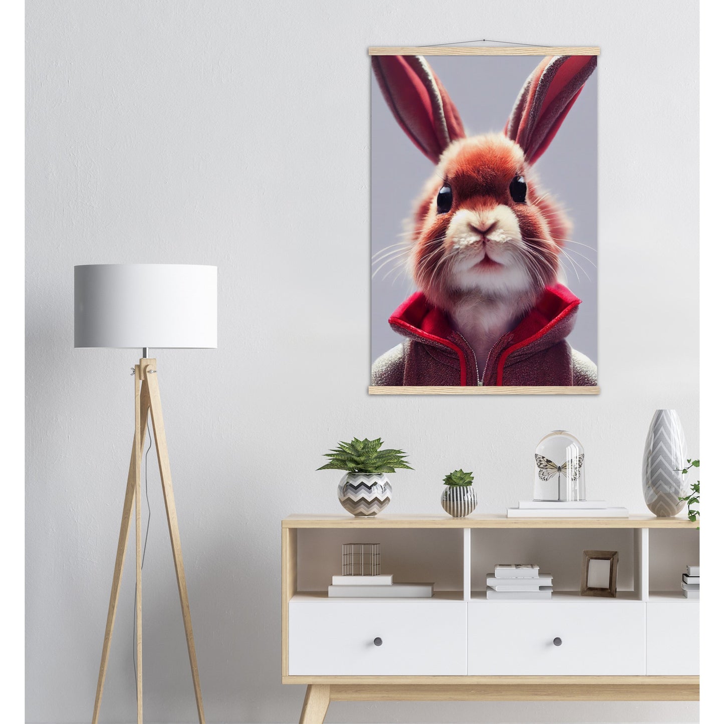 Poster mit Leisten (Holz)- Museumsqualität - Bunny in grey red tracksuit - "Julius" - personalized mug - customized mug - Cute rabbit - Marke:- Pixelboys - Brand - Art Prints - Marke - Wandkunst - Papierstärke: 250g/qm - Wall Art - Bunny crew - Skater Betty - Hasen Gang - Original - Künstler:Pixelboys - Poster with frame - Office Poster - Acrylkunst - Trend - Wandschmuck - Acrylbild - Atelier Canada - 