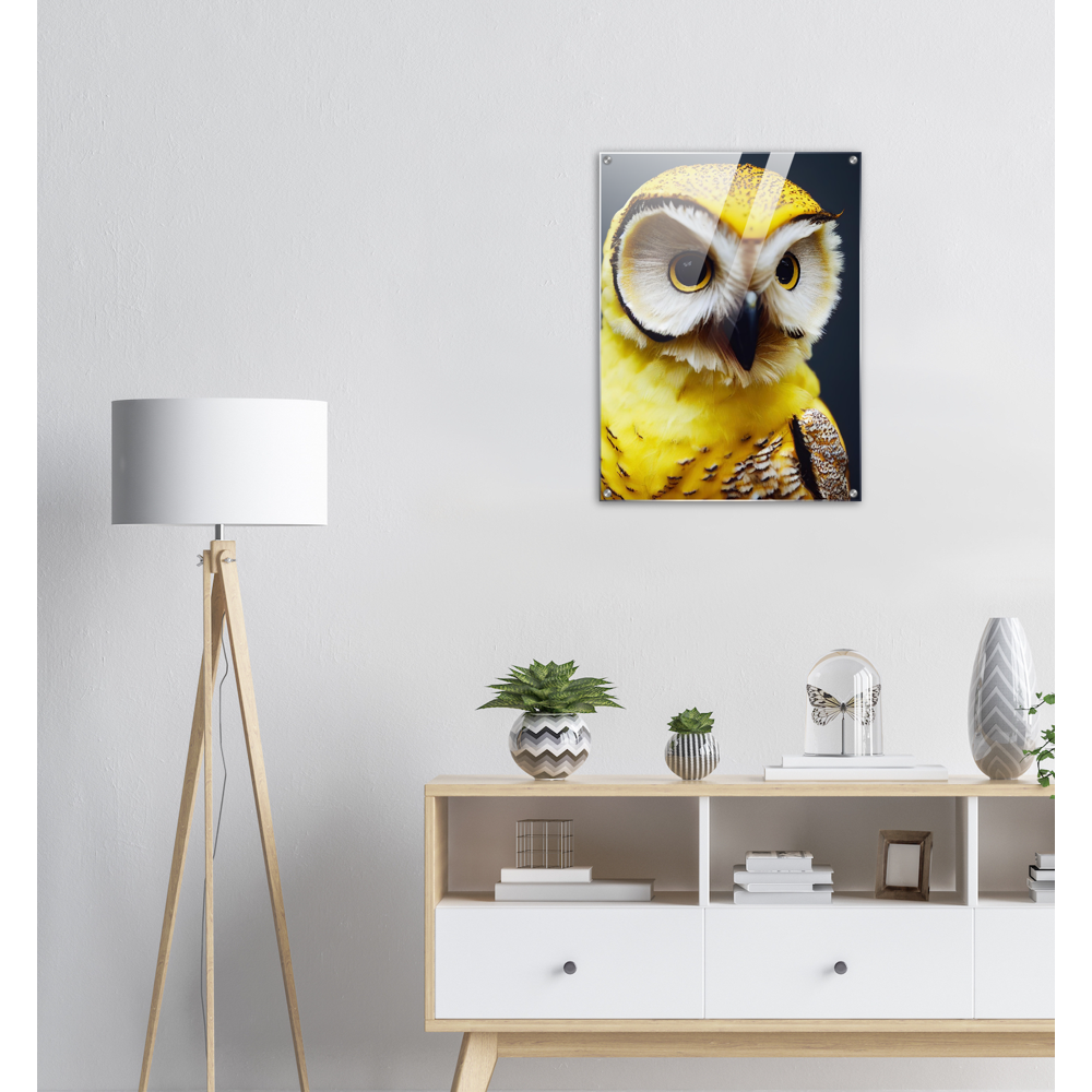 Acrylbild - Fruit Owl No. 3 - "Benny", the Banana Owl - Wandkunst - Kunstdruck - (lat. tyto musa) - Bananeneule - Schleiereulen - Fruchteulen - Vogel - Bird - Strigiformes - Noctua - Ornithologie - Kunstwerk  - Office Poster - Poster mit Rahmen - Kaffee Tasse - Poster mit Leisten - Bedruckte Tassen - Kunst Marke - Art Brand - Acryldruck - Wandbild - Kunstdrucke - Papier: 250g/qm - Künstler: John Grayst & Pixelboys - Eulen - Owl - Geschenkidee - 