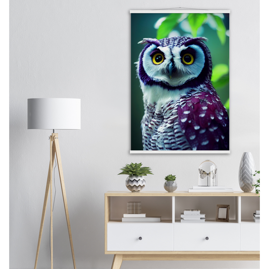 Poster mit Leisten (Holz) - Fruit Owl No.5 - "Sini", the bluberry owl - Wandkunst - Kunstdruck - Heidelbeereule - (lat. bubo vaccinium) - Teebecher - Heidelbeere Eule - Fruchteulen - blueberry owl- Vogel - Uhu - Bird - Strigiformes - Noctua - Ornithologie - Kunstwerk  - Office Poster - Poster mit Rahmen - Kaffee Tasse - Poster mit Leisten - Bedruckte Tassen - Kunst Marke - Art Brand - Acryldruck - Wandbild - Kunstdrucke - Papier: 250g/qm - Künstler: John Grayst & Pixelboys - Eulen - Owl - Geschenkidee - 