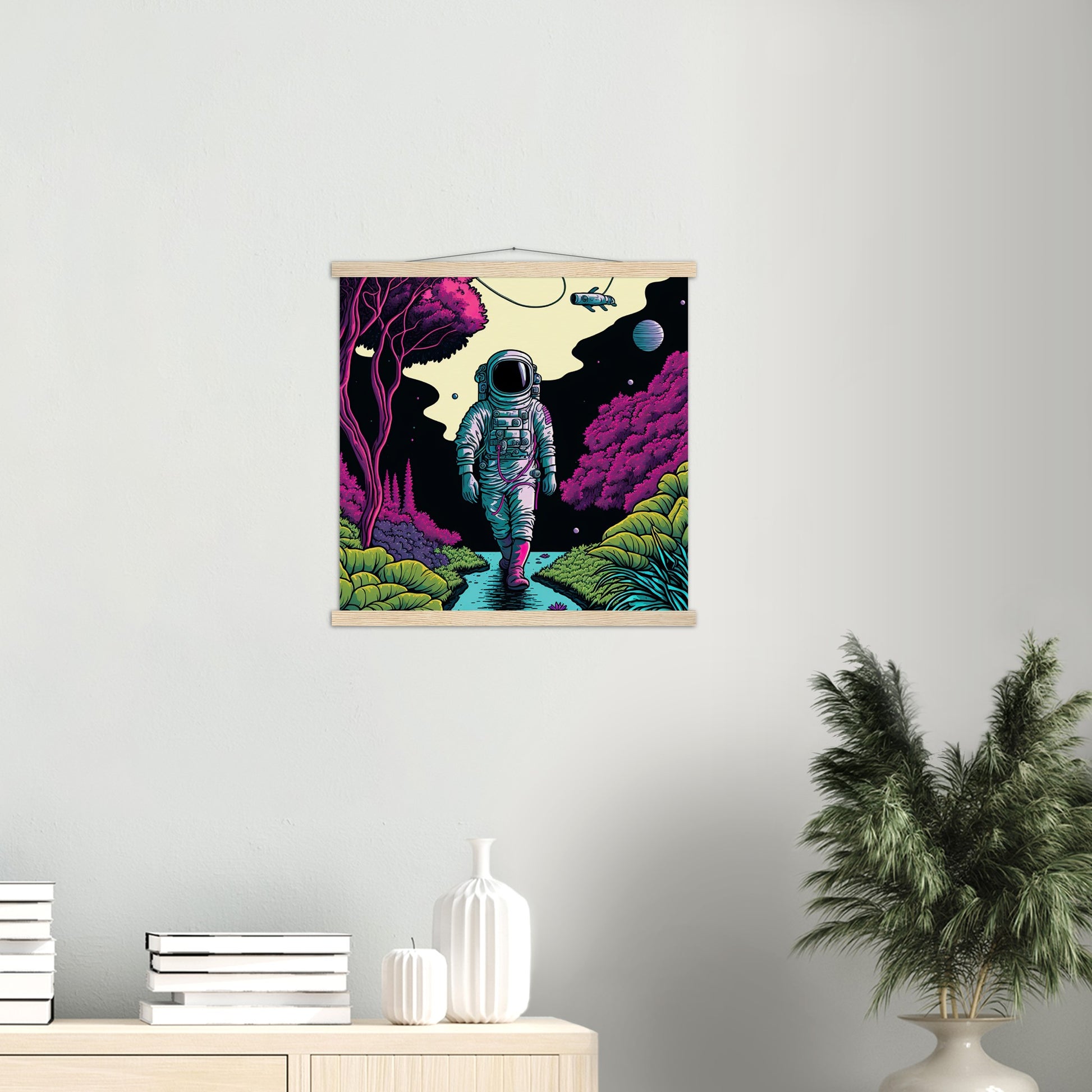 Poster mit Leisten (Holz) in Museumsqualität - Wandering Astronaut - Stephen - Illustration - Astronaut - Panorama - Rocketman - Posterleisten - USA - Fineart - Posterrahmen  - Wandkunst - Holzrahmen - Poster with frame - artwork - art brand - printed cup personalized - Holzleisten - pixelboys - Kunstdrucke - wandbilder - wall art - Kunst auf Tassen  - Office Poster - Gastrotassen - Wanddekoration - Acrylkunst - Geschenkidee - Office Poster - Acryldruck - Abstrakte Kunst -