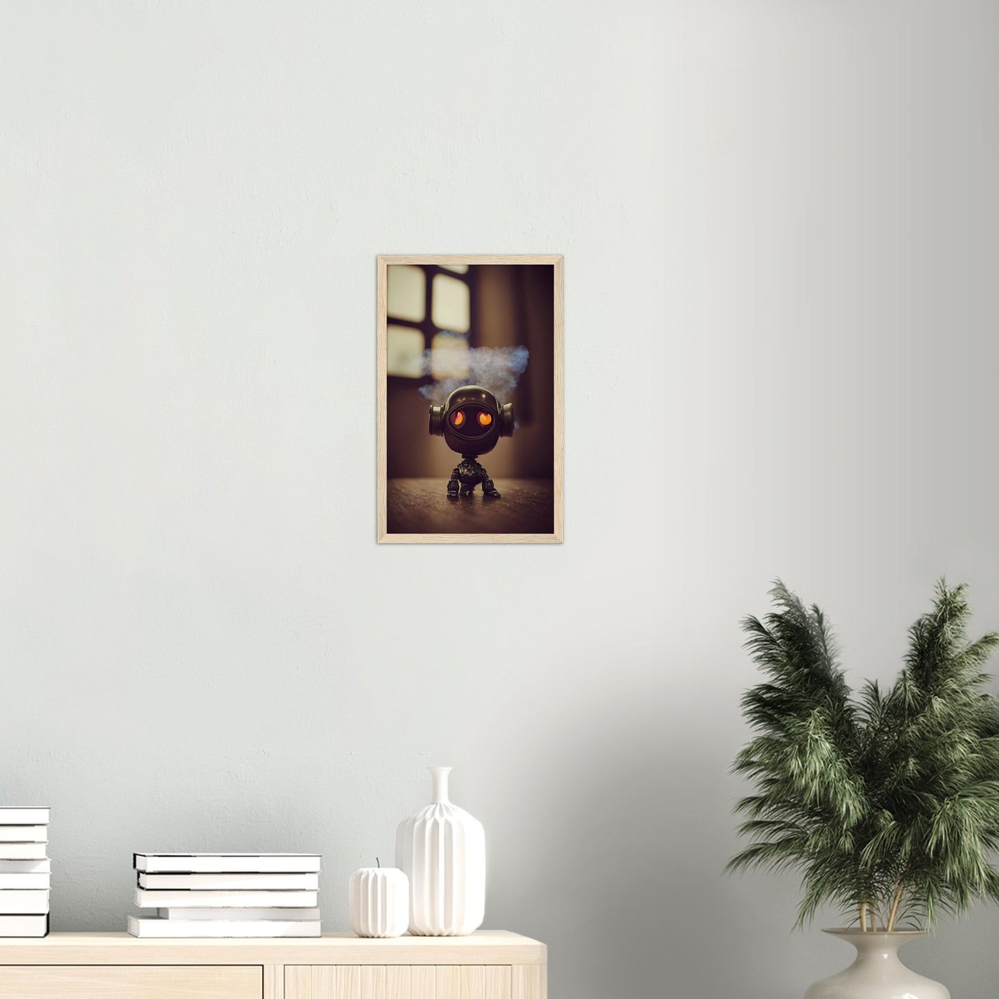 Poster mit Rahmen (Holz) - in Museumsqualität - Tiny robot - with smoke around his head - "Tiny Tim" - Wandbild - Customizable Coffee Cup - Personalized Gifts - Kunstdruck - Rauchender Roboter - Steampunk - Acryldruck - Smoking Robots - Personalized Gifts - Poster with frame - nr.5 lebt - zukunft - Kunstwerk - Office Poster - Poster mit Rahmen - Kaffee Tasse  - Bedruckte Tassen - Kunst Marke - Art Brand - Wandbild - Kunstdrucke - Künstler: John Grayst & Pixelboys - emotional robots - Geschenkidee -