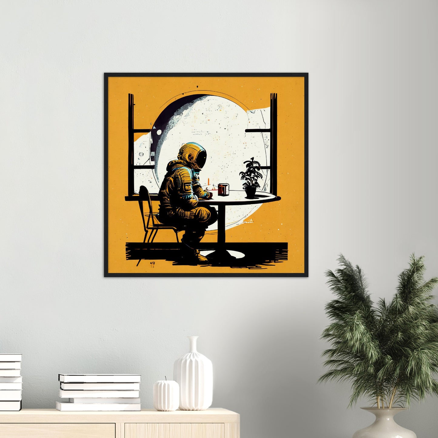 Poster mit Rahmen (Holz) in Museumsqualität - The waiting Astronaut - Michael - Illustration - Astronaut - Waiting - Posterleisten - USA - Fineart - Posterrahmen  - Wandkunst - Holzrahmen - Poster with frame - people of color - artwork - art brand - printed cup personalized - Holzleisten - pixelboys - Kunstdrucke - wandbilder - wall art - Kunst auf Tassen  - Office Poster - Gastrotassen - Wanddekoration - Acrylkunst - Geschenkidee - Office Poster - Acryldruck - Abstrakte Kunst -