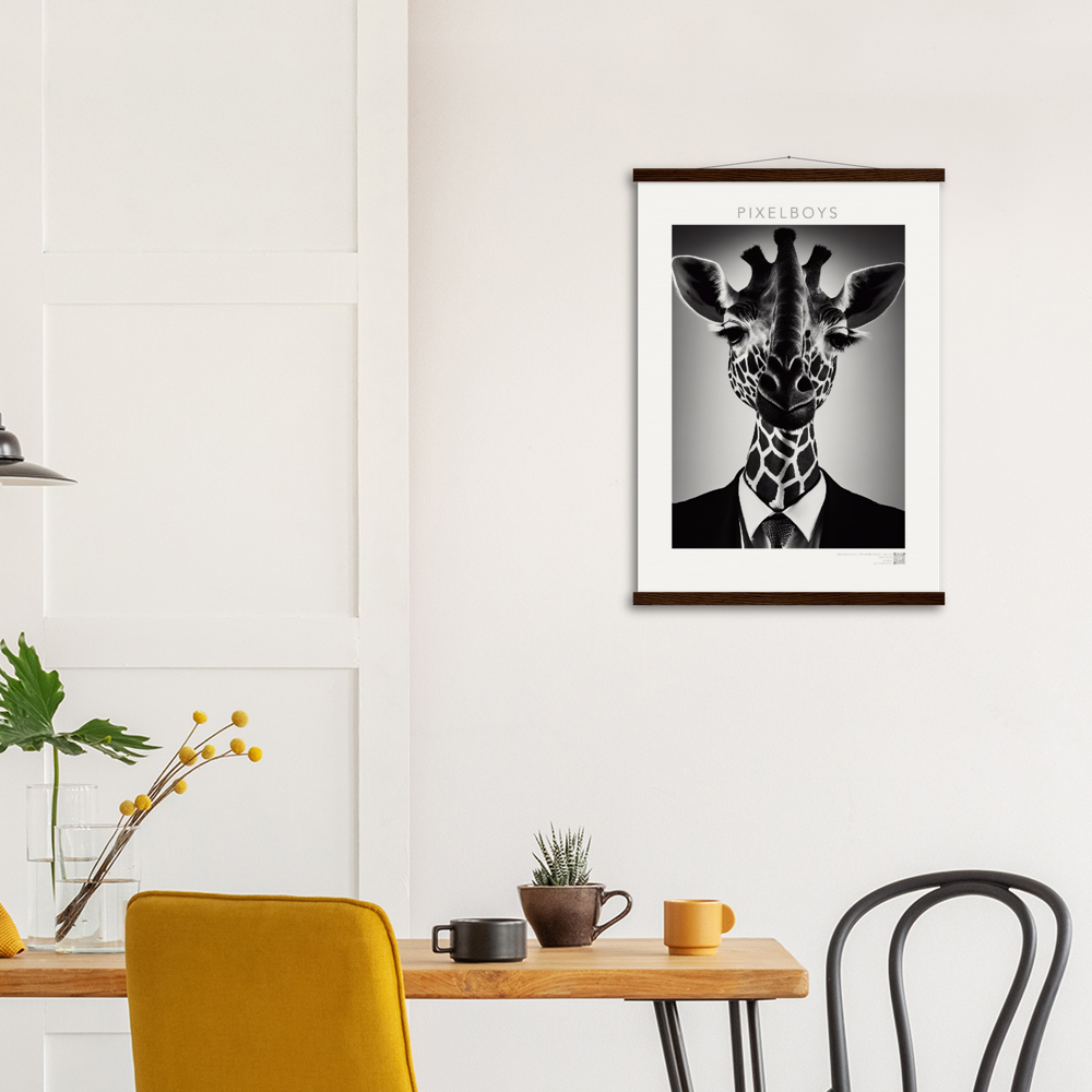 Poster mit Leisten (Holz) - "The giraffe knows" - Business Animals No. 2 "Bridget" - Künstler: "John Grayst" Kunstdruck - Wandbild - Poster - Pixelboys - Atelier - Milano - Berlin - Munich - Madrid - New York - Dubai - Paris - Tokio - Rom - Lisbon - Ottawa - Bern Switzerland - Amsterdam - Seoul - Vancouver - Antwerpen -