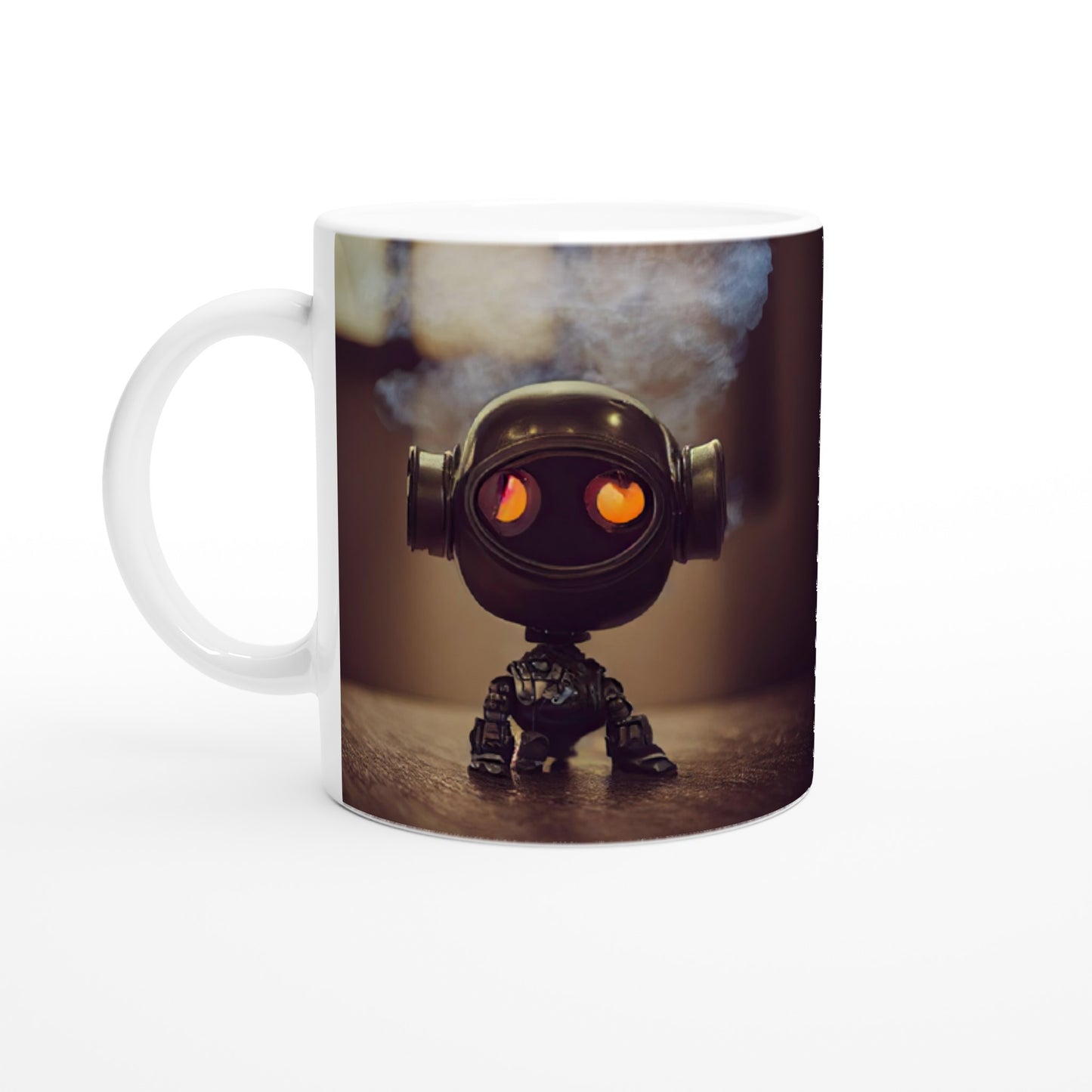 Personalisierbare Tasse - in Museumsqualität - Tiny robot - with smoke around his head - "Tiny Tim" - Wandbild - Customizable Coffee Cup - Personalized Gifts - Kunstdruck - Rauchender Roboter - Steampunk - Acryldruck - Smoking Robots - Personalized Gifts - Poster with frame - nr.5 lebt - zukunft - Kunstwerk - Office Poster - Poster mit Rahmen - Kaffee Tasse  - Bedruckte Tassen - Kunst Marke - Art Brand - Wandbild - Kunstdrucke - Künstler: John Grayst & Pixelboys - emotional robots - Geschenkidee -