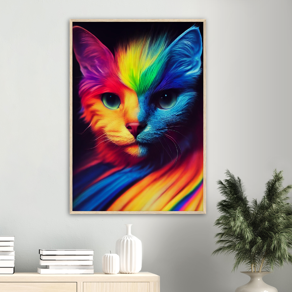 Poster mit Rahmen - Farbenfrohe Regenbogen Katze "Kitty" Poster Set mit Holzrahmen - In vielen verschiedenen Größen - auch in XXL verfügbar!