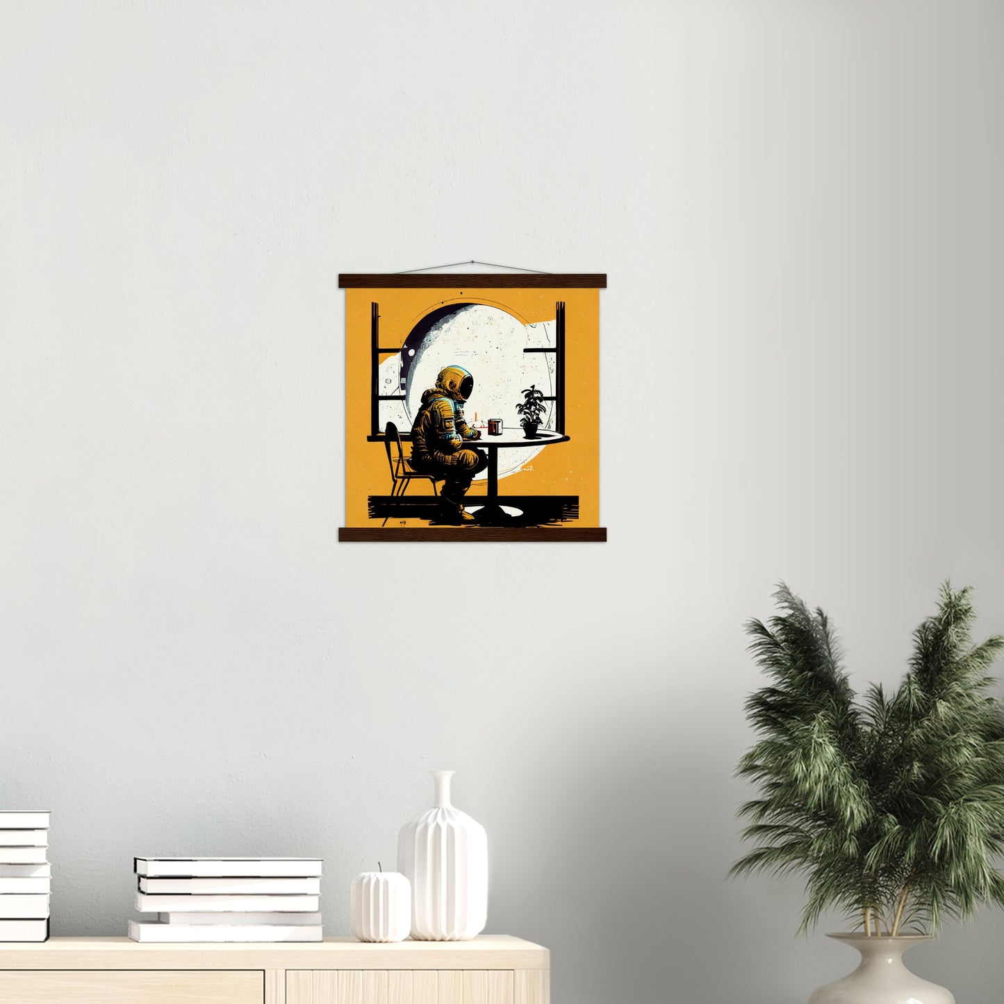 Poster mit Leisten (Holz) in Museumsqualität - The waiting Astronaut - Michael - Illustration - Astronaut - Waiting - Posterleisten - USA - Fineart - Posterrahmen  - Wandkunst - Holzrahmen - Poster with frame - people of color - artwork - art brand - printed cup personalized - Holzleisten - pixelboys - Kunstdrucke - wandbilder - wall art - Kunst auf Tassen  - Office Poster - Gastrotassen - Wanddekoration - Acrylkunst - Geschenkidee - Office Poster - Acryldruck - Abstrakte Kunst -