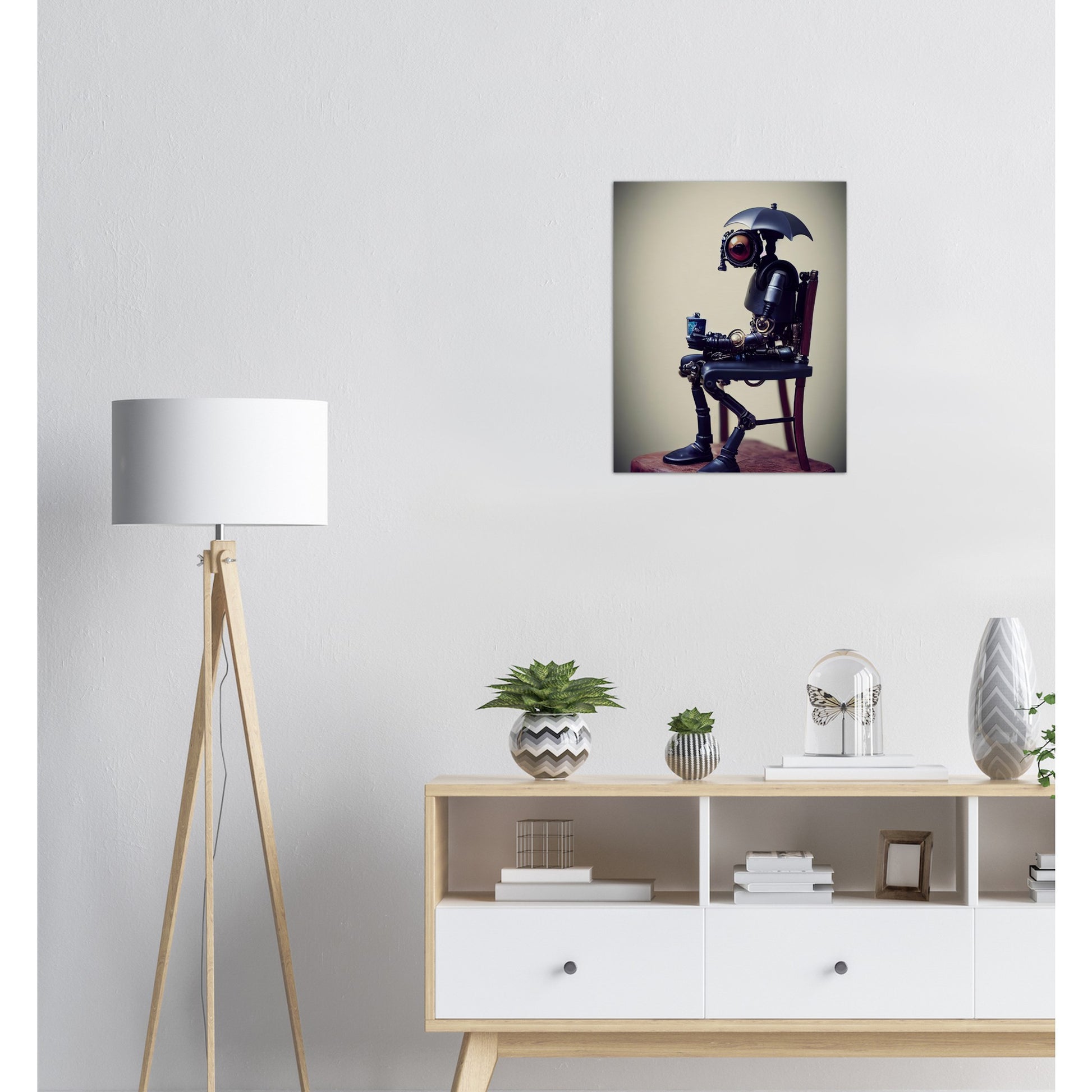 Poster in Museumsqualität - Tiny robot with an umbrella "Louis" - Regenschirm - Acryldruck - Wandkunst - Customizable Coffee Cup - Personalized Gifts - Kunstdruck - Kleine Roboter - Acryldruck - Little Robots - Personalized Gifts - Tiny  - Steampunk - zukunft - Poster with frame - Kunstwerk - Office Poster - Poster mit Rahmen - Kaffee Tasse - Poster - Bedruckte Tassen - Kunst Marke - Art Brand - Kunstdrucke - Künstler: John Grayst & Pixelboys - emotional robots - Geschenkidee -