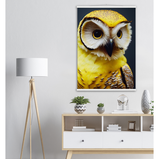 Poster mit Leisten (Holz) - Fruit Owl No. 3 - "Benny", the Banana Owl - Wandkunst - Kunstdruck - (lat. tyto musa) - Bananeneule - Schleiereulen - Fruchteulen - Vogel - Bird - Strigiformes - Noctua - Ornithologie - Kunstwerk  - Office Poster - Poster mit Rahmen - Kaffee Tasse - Poster mit Leisten - Bedruckte Tassen - Kunst Marke - Art Brand - Acrylbild - Wandbild - Kunstdrucke - Papier: 250g/qm - Künstler: John Grayst & Pixelboys - Eulen - Owl - Geschenkidee - 