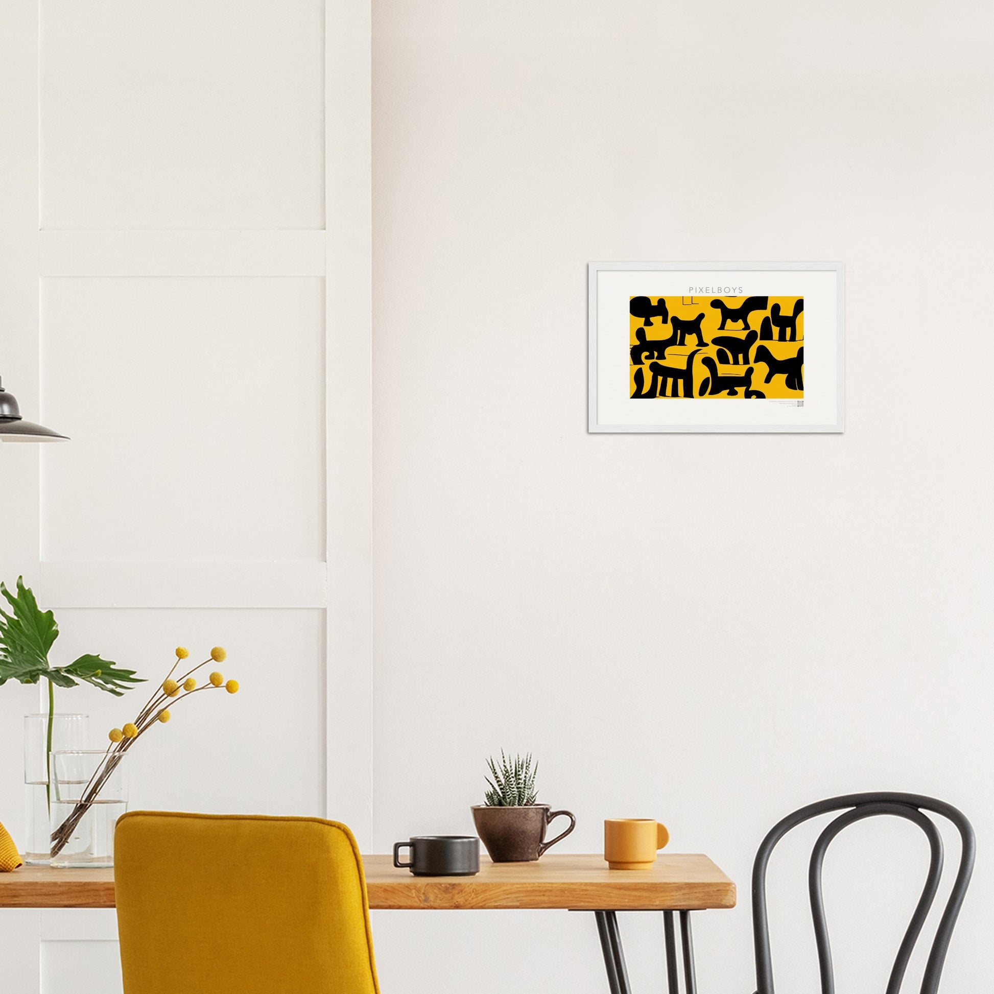 Poster mit Rahmen (Holz) - Doodlemania "weird animals on yellow" - No.3 - bedruckte Tasse-  gelb - Cup - Hunde - Katzen - Doodle Kunst - dogs - Cats - gastro - Poster mit Rahmen - doodle artwork - Acrylbild - Kunstdruck - Wandbild - office Poster - Poster with frame -  Künstler: Pixelboys & The Unknown Artist Nb.517 - keith haring - Gastro Art - anti stress art - Art Brand - Kunstdruck - Gastro Tasse - 