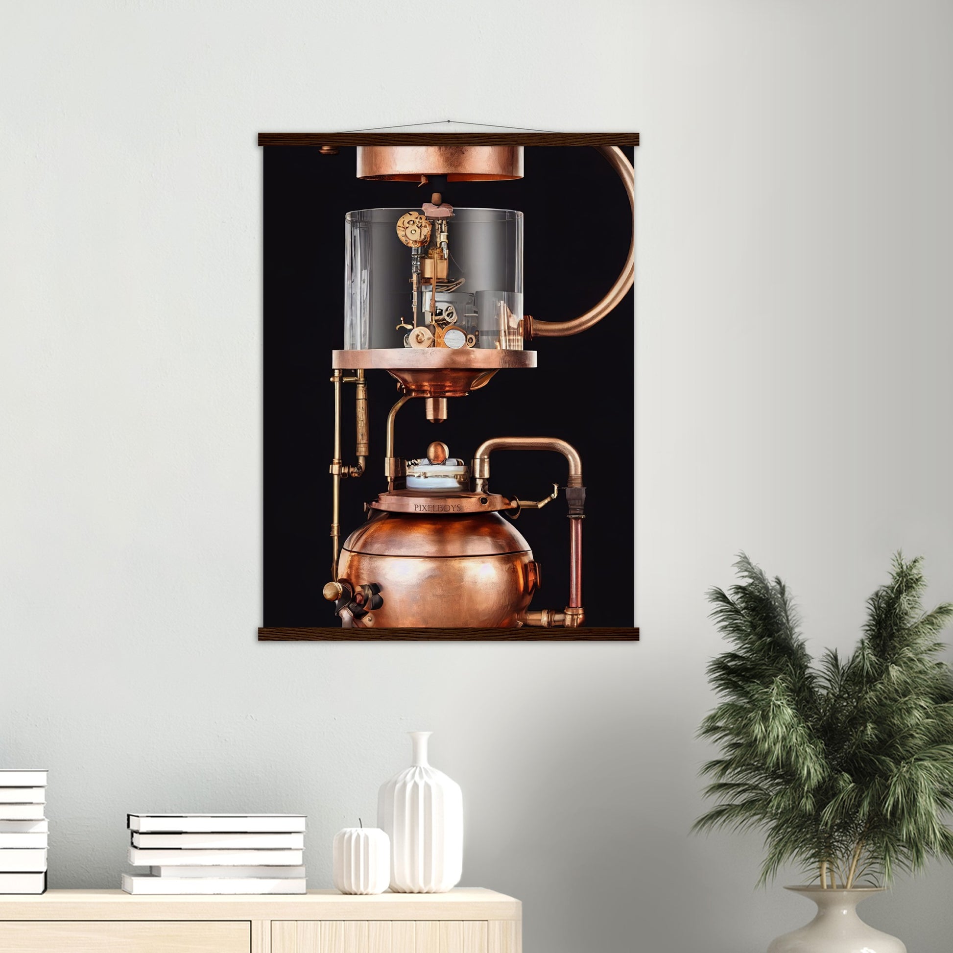 Poster mit Leisten (Holz) - Steampunk - Coffee Maker - No.6 - Collection Cup - Pixelboys - Wandbild - Kunstwerk - Hotelkunst - Kunst auf Postern - Fine Art - Steampunk - Future - Maschine - Poster with frame - Office Poster - Art Brand - Pixelboys - Coffee House - Restaurant Poster - Wall Art - Kunstdruck - Geschenkidee - Kunst auf Acrylglas - Future Coffee Cup - Personalisierbare Tasse - Gastro Tasse - exklusiv - Acryldruck - Gastronomie Poster - Hotelposter - Teestube - Steam Punk Kitchen -   