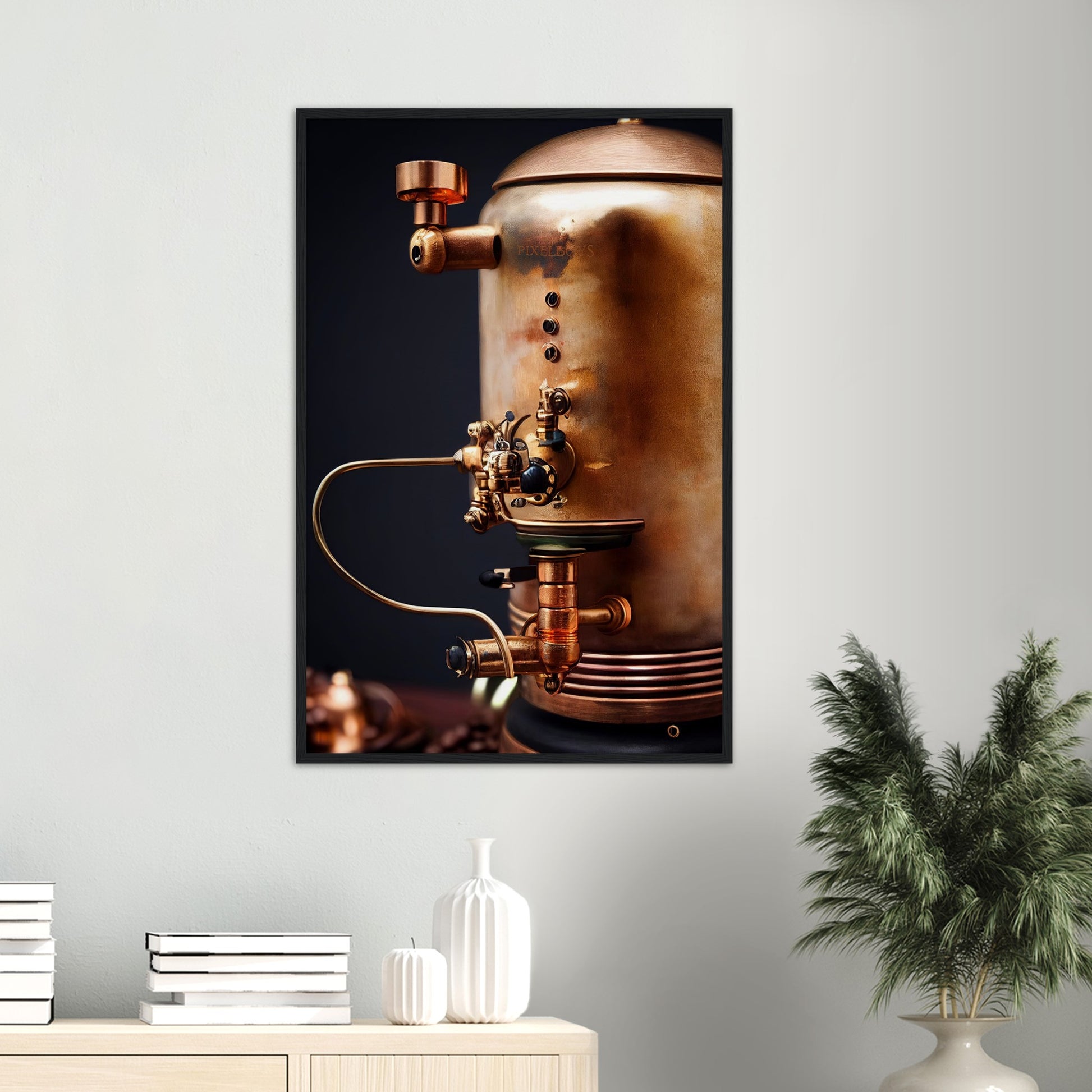  Poster mit Rahmen (Holz) - Steampunk - Coffee Maker - No.5 - Collection Cup - Pixelboys - Wandbild - Kunstwerk - Hotelkunst - Kunst auf Postern - Fine Art - Steampunk - Future - Maschine - Poster with frame - Office Poster - Art Brand - Pixelboys - Coffee House - Restaurant Poster - Wall Art - Kunstdruck - Geschenkidee - Kunst auf Acrylglas - Future Coffee Cup - Personalisierbare Tasse - Gastro Tasse - exklusiv - Acryldruck - Gastronomie Poster - Hotelposter - Steam Punk Kitchen -   