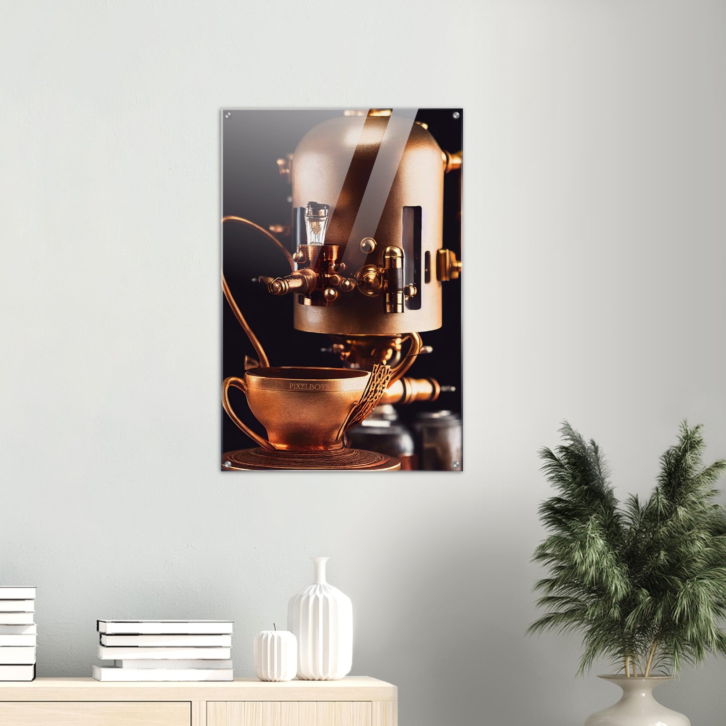 Acrylbild auf Glas - Steampunk - Coffee Maker - No.7 - Collection Cup - Pixelboys - Wandbild - Kunstwerk - Hotelkunst - Kunst auf Postern - Fine Art - Steampunk - Future - Maschine - Poster with frame - Office Poster - Art Brand - Pixelboys - Coffee House - Restaurant Poster - Wall Art - Kunstdruck - Geschenkidee - Kunst auf Acrylglas - Future Coffee Cup - Personalisierbare Tasse - Gastro Tasse - exklusiv - Acryldruck - Gastronomie Poster - Hotelposter - Teestube - Steam Punk Kitchen -   