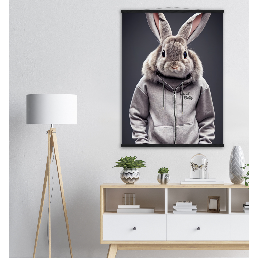 Poster mit Leisten (Holz) - Bunny in grey Tracksuit - "Titus" - Fashion Gang - Wandbild - Ostern - Geschenkidee - Osterhase - Bunny Crew: "Titus" - "Caesar" - "Constantin" - "Cleo" - Weisser Hase - Easter Bunny - Cute - grey tracksuit - sweats - Alice's Adventures in Wonderland - Modemarke - Pixelboys Brand - Constantin der Hase - Hase - Kaninchen  - Künstler: "Pixelboys" - Atelier - Germany - Berlin - Hamburg - Colgne - France - Paris - Italy - Rom - USA - America - New York City - Los Angeles - Chicago - 