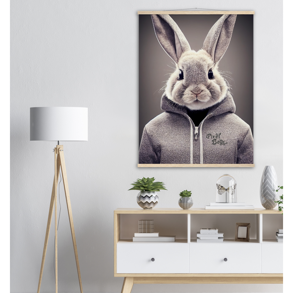 Poster mit Leisten (Holz) - Bunny in grey Hoodie - "Constantin" - Fashion Gang - Wandbild - Ostern - Geschenkidee - Osterhase - Bunny Crew: "Constantin" - "Caesar" - "Titus" - "Cleo" - Weisser Hase - Easter Bunny - Cute - grey Hoodie - sweats - Alice's Adventures in Wonderland - Modemarke - Pixelboys Brand - Constantin der Hase - Hase - Kaninchen  - Künstler: "Pixelboys" - Atelier - Germany - Berlin - Hamburg - Colgne - France - Paris - Italy - Rom - USA - America - New York City - Los Angeles - Chicago - 