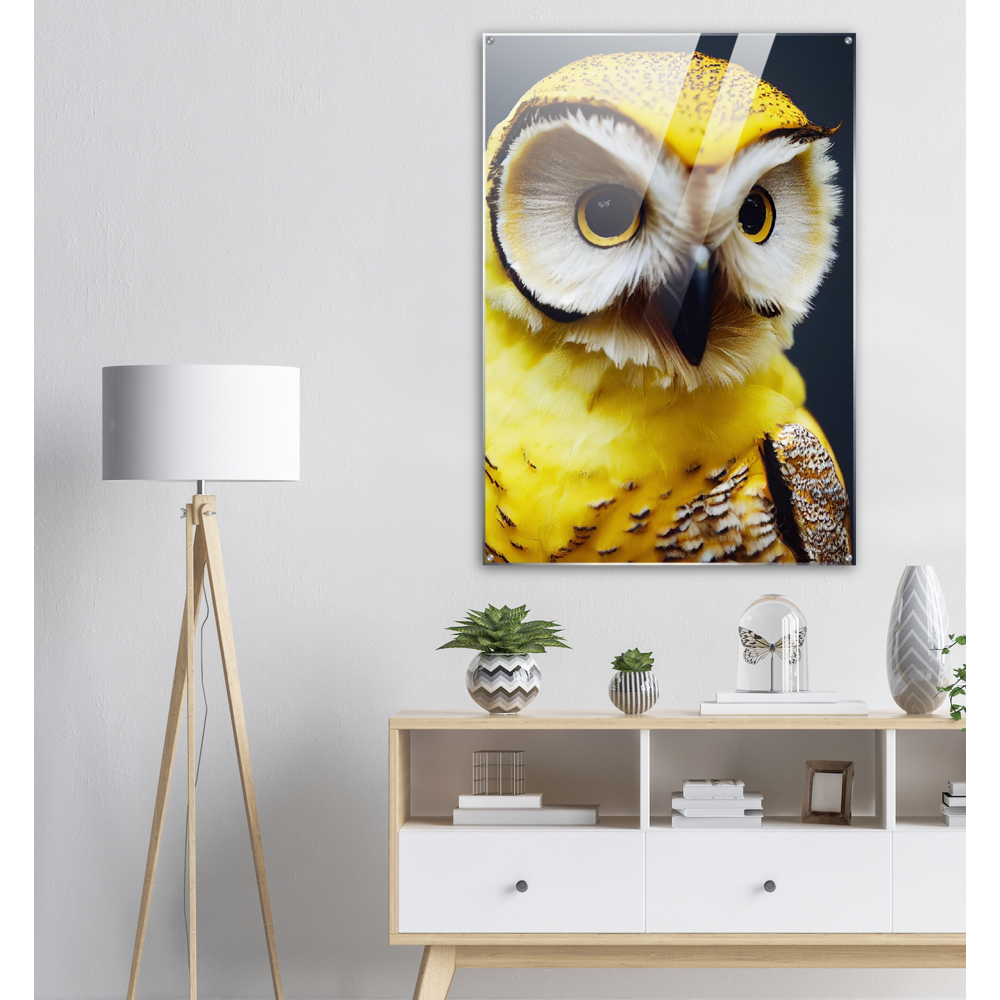 Acrylbild - Fruit Owl No. 3 - "Benny", the Banana Owl - Wandkunst - Kunstdruck - (lat. tyto musa) - Bananeneule - Schleiereulen - Fruchteulen - Vogel - Bird - Strigiformes - Noctua - Ornithologie - Kunstwerk  - Office Poster - Poster mit Rahmen - Kaffee Tasse - Poster mit Leisten - Bedruckte Tassen - Kunst Marke - Art Brand - Acryldruck - Wandbild - Kunstdrucke - Papier: 250g/qm - Künstler: John Grayst & Pixelboys - Eulen - Owl - Geschenkidee - 