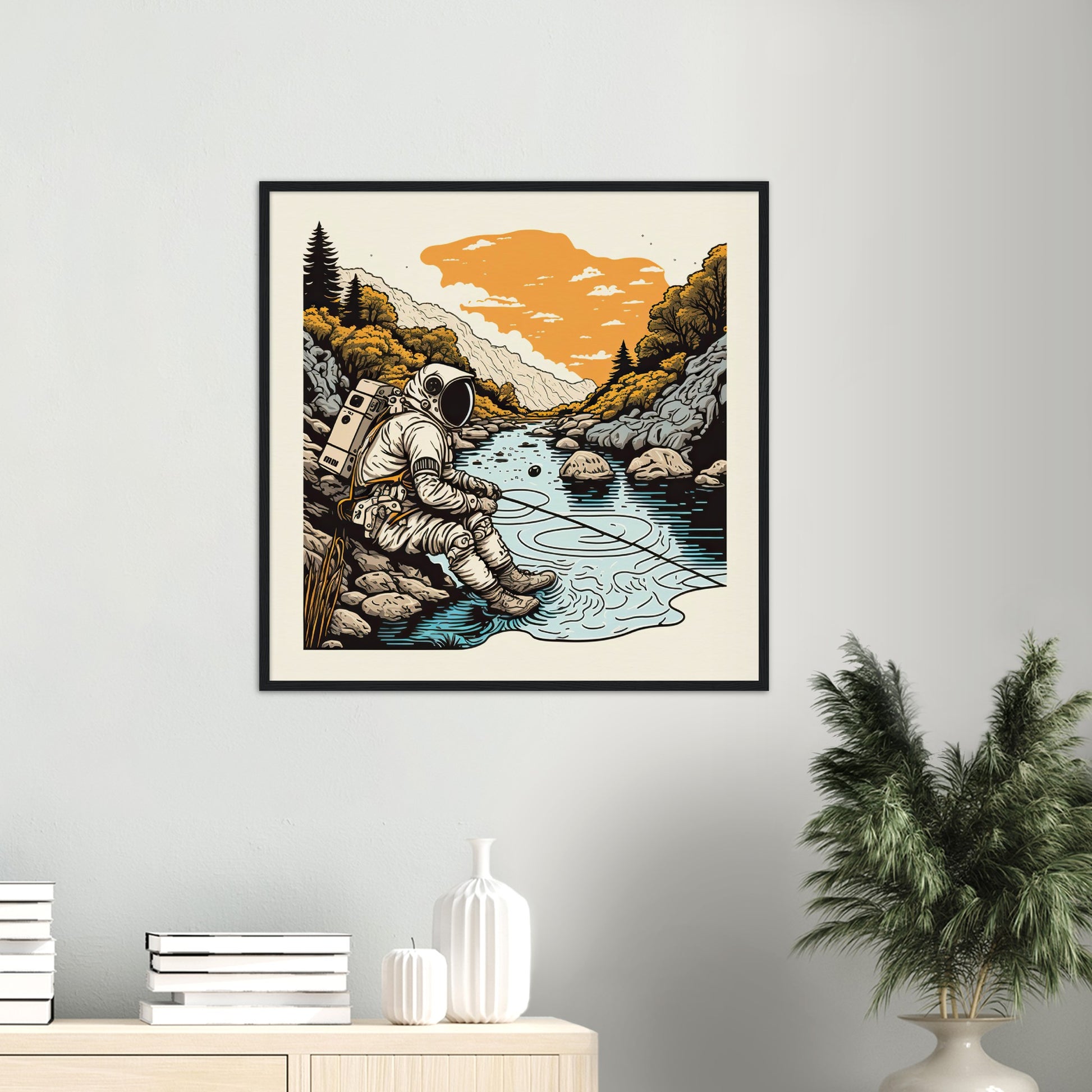 Poster mit Rahmen (Holz) - in Museumsqualität - Fishing Astronaut - Buzz - Angeln - Astronaut - Natur - Posterleisten - USA - Fineart - Posterrahmen  - Wandkunst - Holzrahmen - Poster with frame - people of color - artwork - art brand - printed cup personalized - Holzleisten - pixelboys - Kunstdrucke - wandbilder - wall art - Kunst auf Tassen  - Office Poster - Gastrotassen - Wanddekoration - Acrylkunst - Geschenkidee - Office Poster - Acryldruck - Abstrakte Kunst -