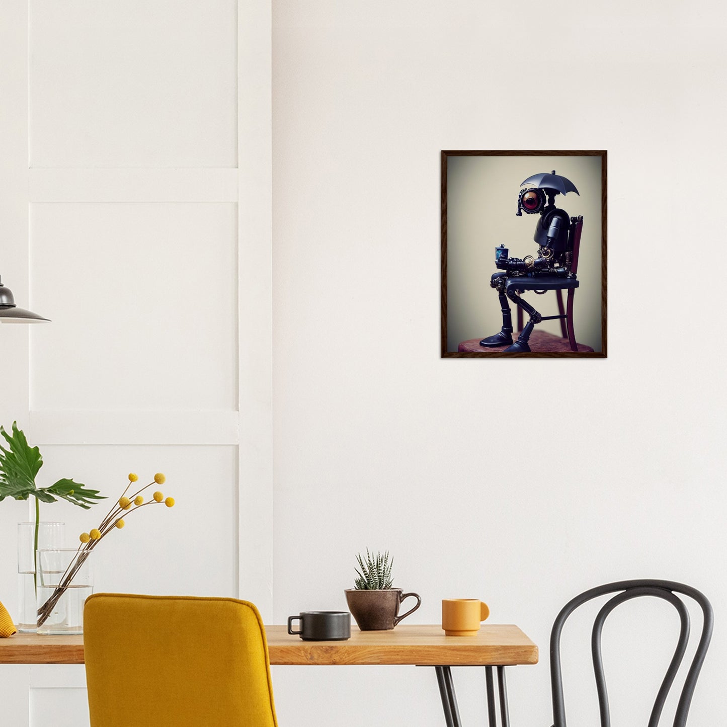 Poster mit Rahmen (Holz) in Museumsqualität - Tiny robot with an umbrella "Louis" - Regenschirm - Acryldruck - Wandkunst - Customizable Coffee Cup - Personalized Gifts - Kunstdruck - Kleine Roboter - Acryldruck - Little Robots - Personalized Gifts - Tiny  - Steampunk - zukunft - Poster with frame - Kunstwerk - Office Poster - Poster mit Rahmen - Kaffee Tasse - Poster - Bedruckte Tassen - Kunst Marke - Art Brand - Kunstdrucke - Künstler: John Grayst & Pixelboys - emotional robots - Geschenkidee -