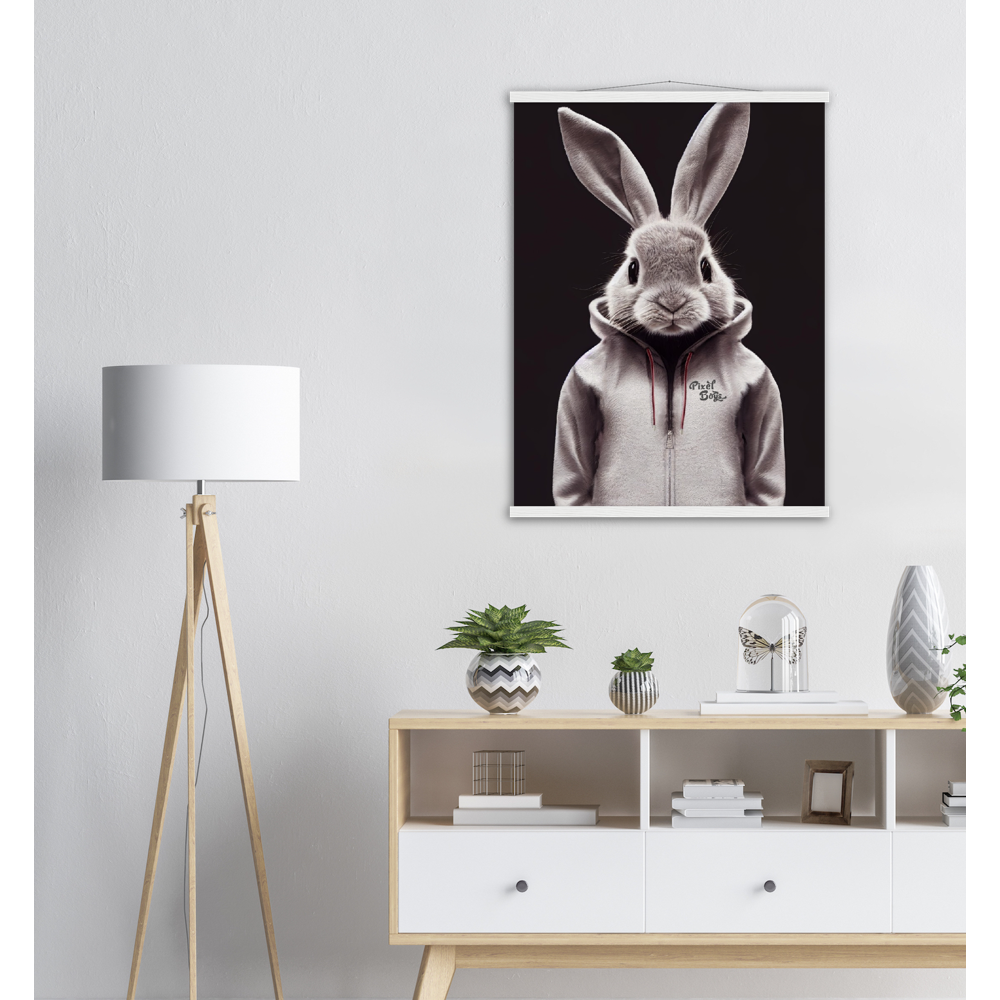 Poster mit Leisten (Holz) - Bunny in grey tracksuit - Fashion Gang - Wandbild - Ostern - Geschenkidee - Osterhase - Bunny Crew: "Valerian" - "Caesar" - "Constantin" - "Cleo"-Titus - Weisser Hase - Easter Bunny - Cute - grey tracksuit - sweats - Alice's Adventures in Wonderland - Modemarke - Pixelboys Brand - Valerian der Hase - Kaninchen  - Künstler: "Pixelboys" - Atelier - Germany - Berlin - Hamburg - Colgne - France - Paris - Italy - Rom - USA - America - New York City - Los Angeles - Chicago - 