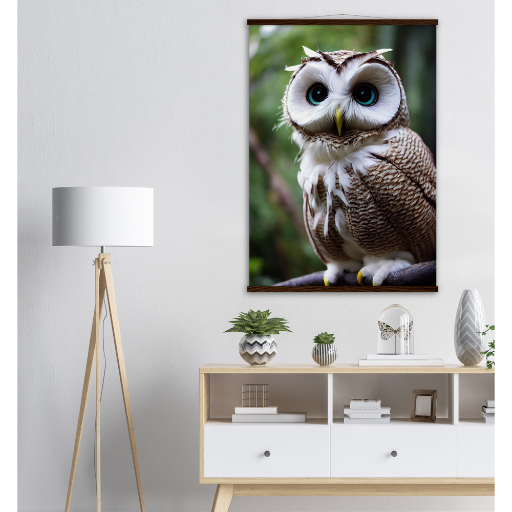 Poster mit Leisten (Holz) - Fruit Owl No.6 - "Cornelius", the coconut owl - Wandkunst - Museumsqualität - Kunstdruck - Kokusnuseule - Kokosnuss-Uhu (lat. bubo vaccinium)  - Acryldruck - Fruchteulen - coconut owl - Vogel - Uhu - Bird - Strigiformes - Noctua - Ornithologie - Kunstwerk  - Office Poster - Poster mit Rahmen - Kaffee Tasse - Poster mit Leisten - Bedruckte Tassen - Kunst Marke - Art Brand - Wandbild - Kunstdrucke - Papier: 250g/qm - Künstler: John Grayst & Pixelboys - Eulen - Owl - Geschenkidee - 