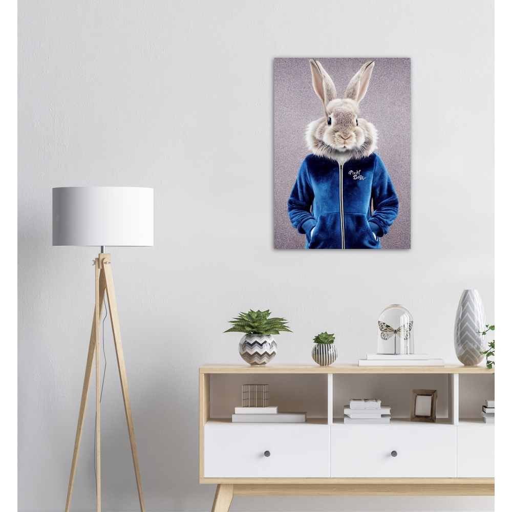 Poster in Museumsqualität - Bunny in blue Tracksuit - "Caesar" - Wandbild - Ostern - Geschenkidee - Osterhase - Bunny Crew: "Caesar" - "Constantin" - "Titus" - "Cleo" - Weisser Hase - Easter Bunny - Cute - blue Tracksuit - Modemarke -Pixelboys Brand - Caesar der Hase - Meister Lampe - Hase - Kaninchen - Karnickel - Stallhase - Künstler: "Pixelboys" - Atelier - Germany - Berlin - France - Paris - Italy - Rom - USA - America - New York City - Los Angeles - Chicago - Houston - Phoenix - Philadelphia 