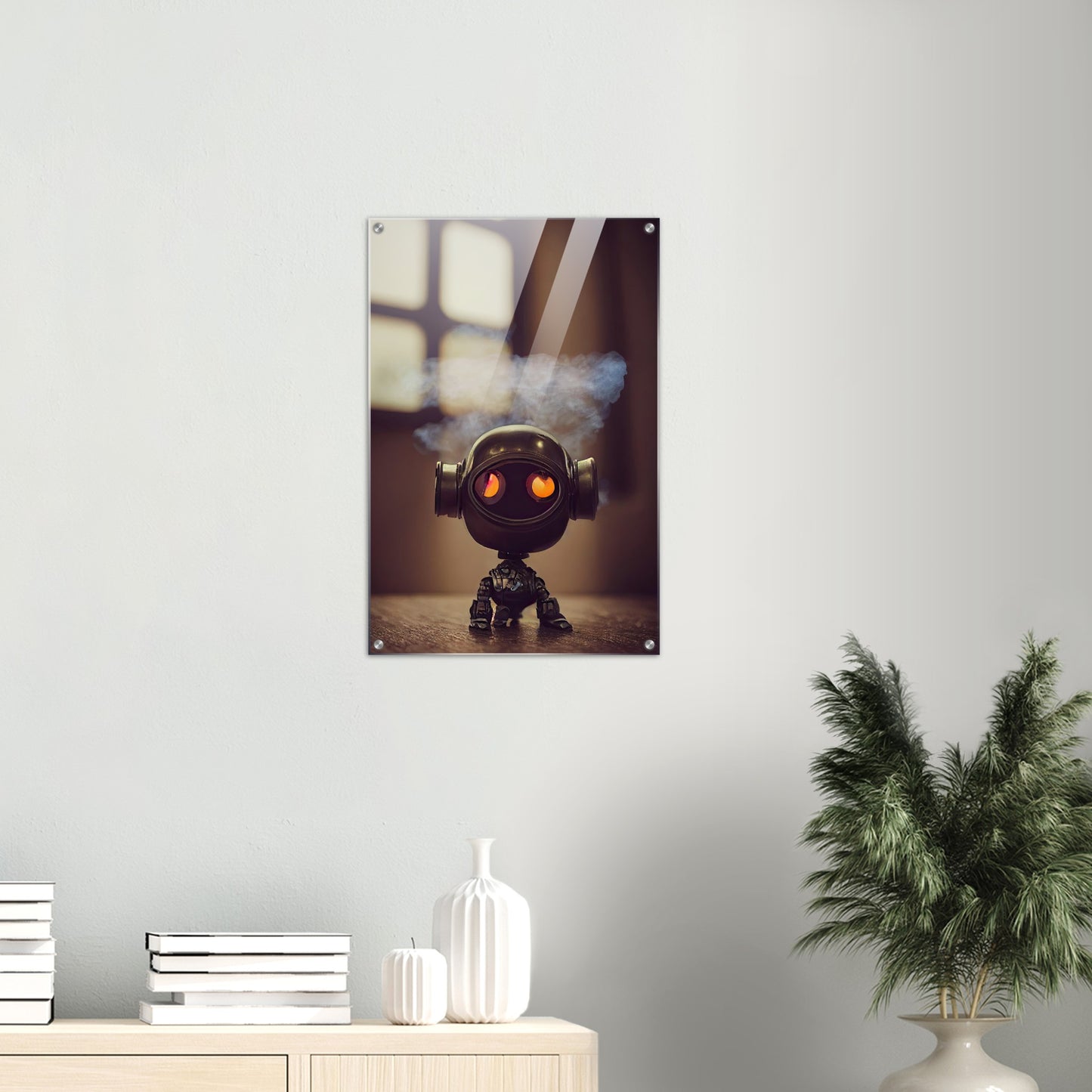 Acryldruck - in Museumsqualität - Tiny robot - with smoke around his head - "Tiny Tim" - Wandbild - Customizable Coffee Cup - Personalized Gifts - Kunstdruck - Rauchender Roboter - Steampunk - Acryldruck - Smoking Robots - Personalized Gifts - Poster with frame - nr.5 lebt - zukunft - Kunstwerk - Office Poster - Poster mit Rahmen - Kaffee Tasse  - Bedruckte Tassen - Kunst Marke - Art Brand - Wandbild - Kunstdrucke - Künstler: John Grayst & Pixelboys - emotional robots - Geschenkidee - Acrylbild -