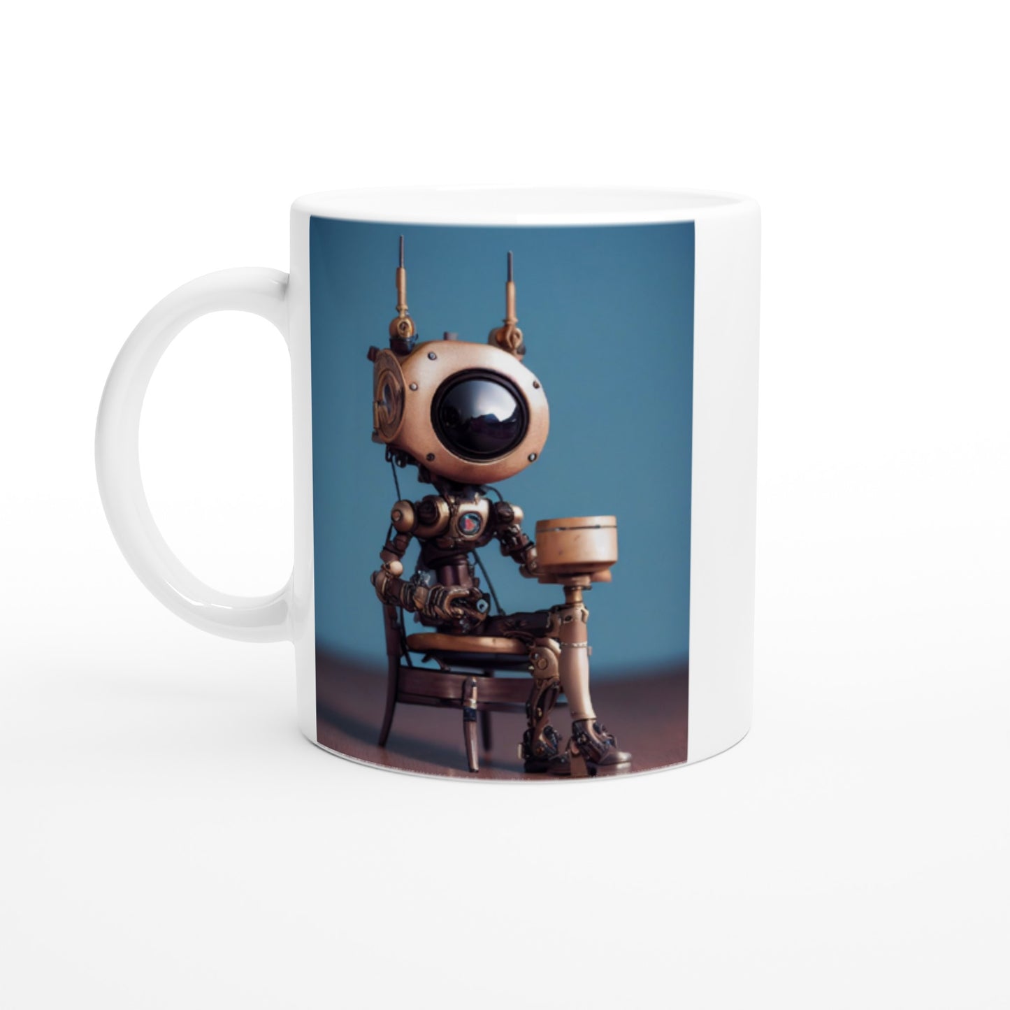 Personalsierbare bedruckte Tasse - Tiny robot with a present - "Tiny Sam" - Wandbild - Customizable Coffee Cup - Personalized Gifts - Kunstdruck - Roboter mit Geschenk - Steampunk - Acryldruck - Present Robots - Personalized Gifts - Poster with frame - nr.5 lebt - zukunft - Kunstwerk - Office Poster - Poster mit Rahmen - Kaffee Tasse  - Bedruckte Tassen - Kunst Marke - Art Brand - Wandbild - Kunstdrucke - Künstler: John Grayst & Pixelboys - emotional robots - Geschenkidee - Wall Art -