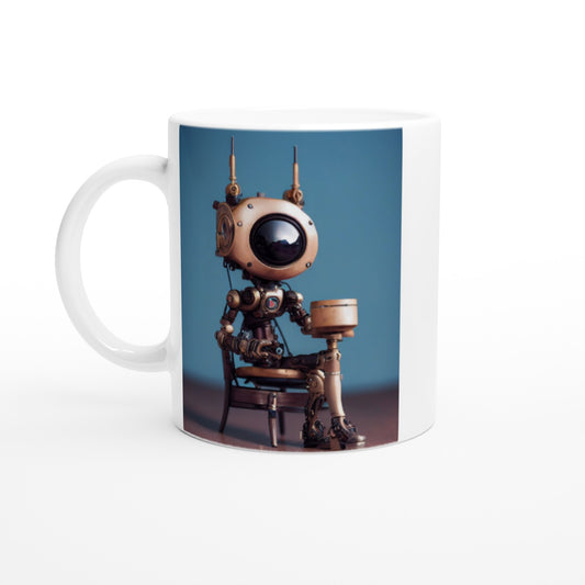 Personalsierbare bedruckte Tasse - Tiny robot with a present - "Tiny Sam" - Wandbild - Customizable Coffee Cup - Personalized Gifts - Kunstdruck - Roboter mit Geschenk - Steampunk - Acryldruck - Present Robots - Personalized Gifts - Poster with frame - nr.5 lebt - zukunft - Kunstwerk - Office Poster - Poster mit Rahmen - Kaffee Tasse  - Bedruckte Tassen - Kunst Marke - Art Brand - Wandbild - Kunstdrucke - Künstler: John Grayst & Pixelboys - emotional robots - Geschenkidee - Wall Art -