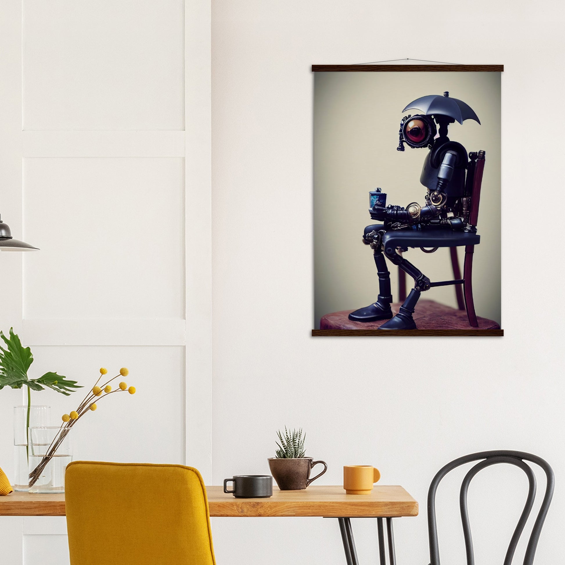  Poster mit Leisten (Holz) in Museumsqualität - Tiny robot with an umbrella "Louis" - Regenschirm - Acryldruck - Wandkunst - Customizable Coffee Cup - Personalized Gifts - Kunstdruck - Kleine Roboter - Acryldruck - Little Robots - Personalized Gifts - Tiny  - Steampunk - zukunft - Poster with frame - Kunstwerk - Office Poster - Poster mit Rahmen - Kaffee Tasse - Poster - Bedruckte Tassen - Kunst Marke - Art Brand - Kunstdrucke - Künstler: John Grayst & Pixelboys - emotional robots - Geschenkidee -