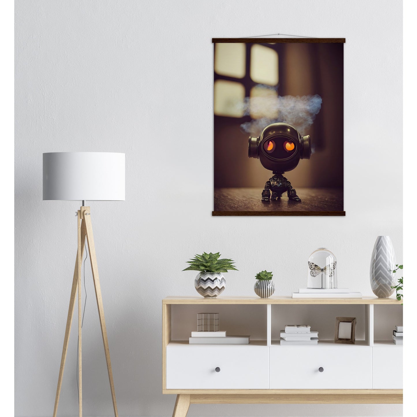 Poster mit Leisten (Holz) in Museumsqualität - Tiny robot - with smoke around his head - "Tiny Tim" - Wandbild - Customizable Coffee Cup - Personalized Gifts - Kunstdruck - Rauchender Roboter - Steampunk - Acryldruck - Smoking Robots - Personalized Gifts - Poster with frame - Wall Art - - zukunft - Kunstwerk - Office Poster - Poster mit Rahmen - Kaffee Tasse  - Bedruckte Tassen - Kunst Marke - Art Brand - Wandbild - Kunstdrucke - Künstler: John Grayst & Pixelboys - emotional robots - Geschenkidee 