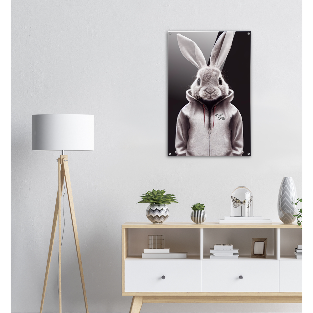 Acrylbild - Bunny in grey tracksuit - Fashion Gang - Acryldruck - Ostern - Geschenkidee - Osterhase - Bunny Crew: "Valerian" - "Caesar" - "Constantin" - "Cleo"-Titus - Weisser Hase - Easter Bunny - Cute - grey tracksuit - sweats - Alice's Adventures in Wonderland - Modemarke - Pixelboys Brand - Valerian der Hase - Kaninchen  - Künstler: "Pixelboys" - Atelier - Germany - Berlin - Hamburg - Colgne - France - Paris - Italy - Rom - USA - America - New York City - Los Angeles - Chicago - 