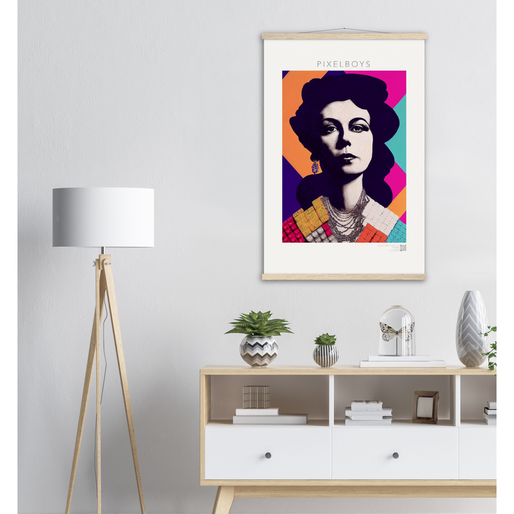  Poster mit Leisten (Holz) - in Museumsqualität - The Queen No.3 - HRH in cubes - Kunstdruck - 250g/qm - Queen Elisabeth II - Monarch - HRH - His/Her Royal Highness - Groß Britannien - Commonwealth - The Royal Family - Wandbild - Kubismus - synthetischen Kubismus - Georges Braque - Künstler: "John Grayst" - Atelier - UK - GB - London - 