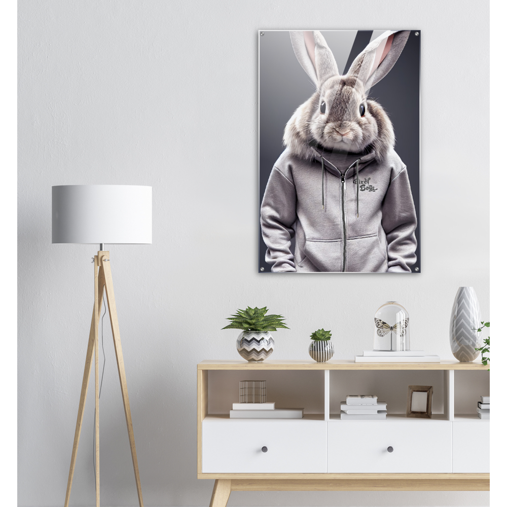 Acrylbild - Bunny in grey Tracksuit - "Titus" - Fashion Gang - Acryldruck - Ostern - Geschenkidee - Osterhase - Bunny Crew: "Titus" - "Caesar" - "Constantin" - "Cleo" - Weisser Hase - Easter Bunny - Cute - grey tracksuit - sweats - Alice's Adventures in Wonderland - Modemarke - Pixelboys Brand - Constantin der Hase - Hase - Kaninchen  - Künstler: "Pixelboys" - Atelier - Germany - Berlin - Hamburg - Colgne - France - Paris - Italy - Rom - USA - America - New York City - Los Angeles - Chicago - 