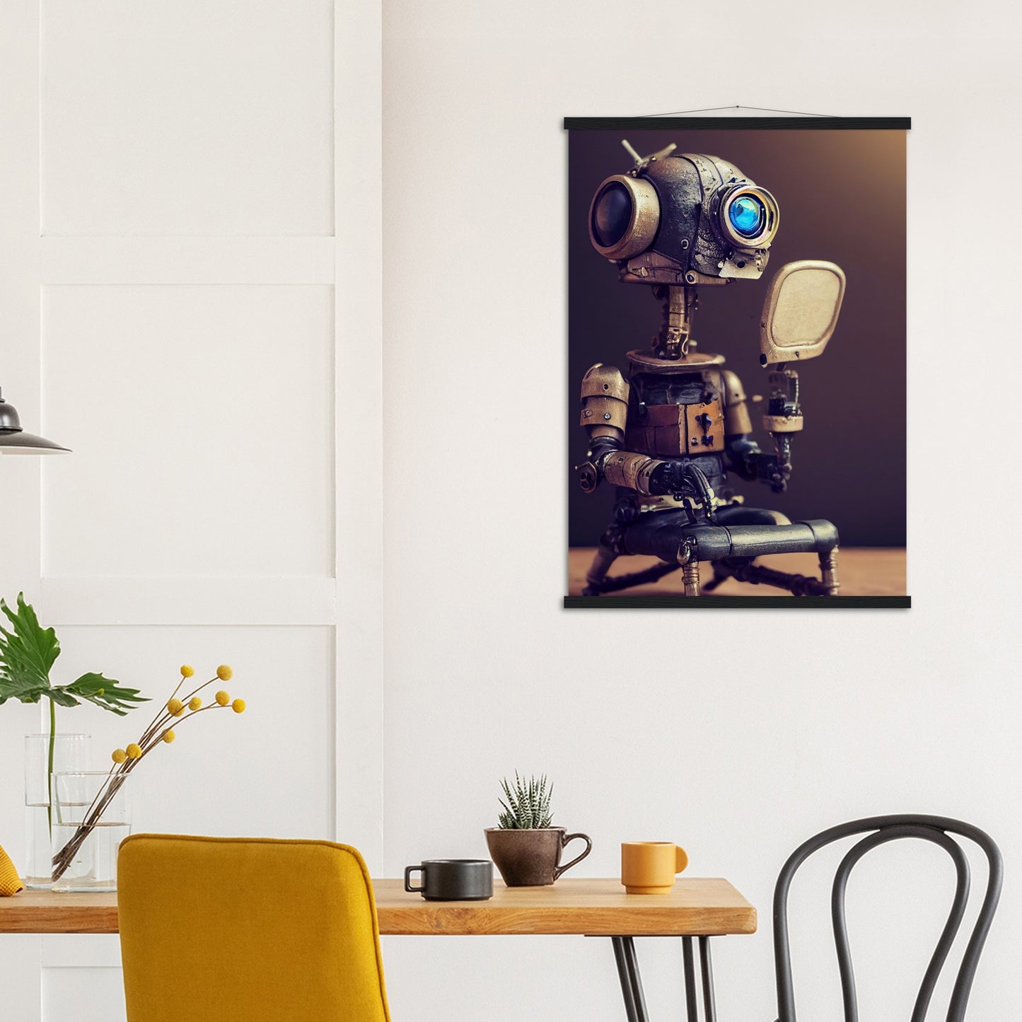 Poster mit Leisten (Holz) in Museumsqualität - Tiny robot with a mirror - Hitoshi 人 - Wall Art - Spiegel - Acryldruck - Wandkunst - Customizable Coffee Cup - Personalized Gifts - Kunstdruck - Kleine Roboter - Acryldruck - Little Robots - Personalized Gifts - Tiny  - Steampunk - zukunft - Poster with frame - Kunstwerk - Office Poster - Poster mit Rahmen - Kaffee Tasse - Poster - Bedruckte Tassen - Kunst Marke - Art Brand - Kunstdrucke - Künstler: John Grayst & Pixelboys - emotional robots - Geschenkidee - 