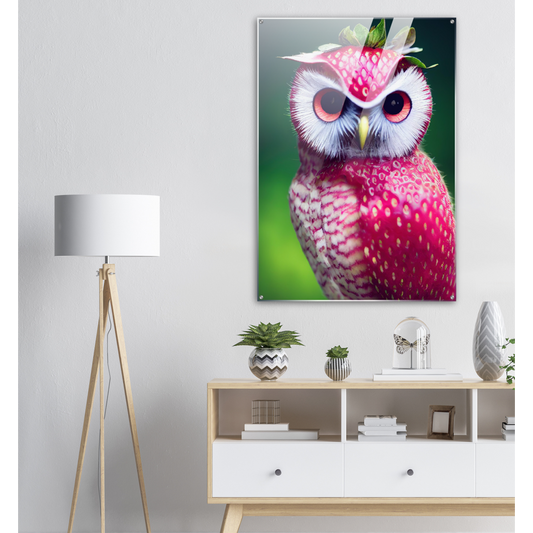 Acrylbild - Fruit Owl No. 2 - "Berry", the Strawberry Owl - Serie Fruit Owls - Wandkunst - Kunstdruck - (fiktiv: lat.  Pulsatrix Fragaria) - Erdbeere - Schleiereulen - Fruchteulen - Vogel - Bird - Strigiformes - Noctua - Ornithologie - Kunstwerk  - Office Poster - Poster mit Rahmen - Kaffee Tasse - Poster mit Leisten - Bedruckte Tassen - Kunst Marke - Art Brand - Acrylbild - Wandbild - Kunstdrucke - Papier: 250g/qm - Künstler: John Grayst & Pixelboys - Eulen - Owl - Geschenkidee - 