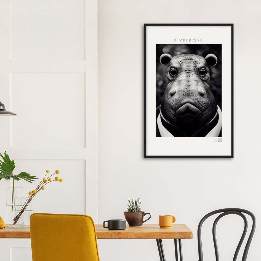 Poster mit Rahmen (Holz) - "He doesn't like it." - Business Animals No. 3 "Herbert das Nilpferd" - Künstler: "John Grayst" Kunstdruck - Wandbild - Pixelboys - Atelier - Milano - Berlin - Munich - Madrid - New York - Dubai - Paris - Tokio - Rom - Lisbon - Ottawa - Bern Switzerland - Amsterdam - Seoul - Vancouver - Antwerpen - Cologne - 