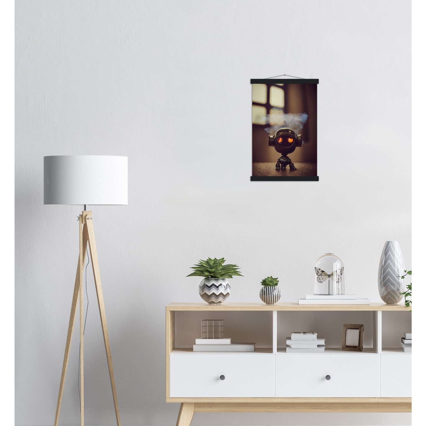 Poster mit Leisten (Holz) in Museumsqualität - Tiny robot - with smoke around his head - "Tiny Tim" - Wandbild - Customizable Coffee Cup - Personalized Gifts - Kunstdruck - Rauchender Roboter - Steampunk - Acryldruck - Smoking Robots - Personalized Gifts - Poster with frame - Wall Art - - zukunft - Kunstwerk - Office Poster - Poster mit Rahmen - Kaffee Tasse  - Bedruckte Tassen - Kunst Marke - Art Brand - Wandbild - Kunstdrucke - Künstler: John Grayst & Pixelboys - emotional robots - Geschenkidee 