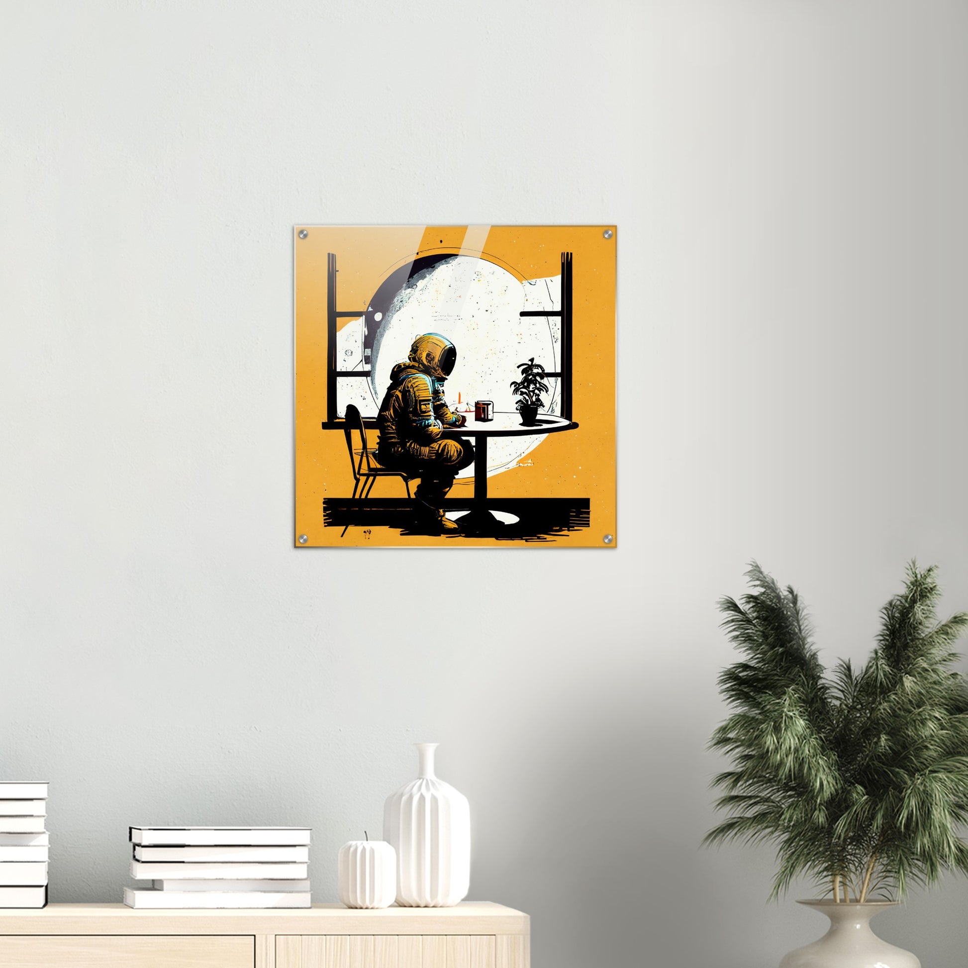  Acrylbild auf Glas-  in Museumsqualität - The waiting Astronaut - Michael - Illustration - Astronaut - Waiting - Posterleisten - USA - Fineart - Posterrahmen  - Wandkunst - Holzrahmen - Poster with frame - people of color - artwork - art brand - printed cup personalized - Holzleisten - pixelboys - Kunstdrucke - wandbilder - wall art - Kunst auf Tassen  - Office Poster - Gastrotassen - Wanddekoration - Acrylkunst - Geschenkidee - Office Poster - Acryldruck - Abstrakte Kunst -