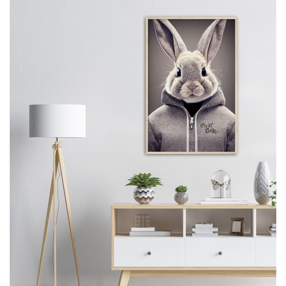 Poster mit Rahmen (Holz) - Bunny in grey Hoodie - "Constantin" - Fashion Gang - Wandbild - Ostern - Geschenkidee - Osterhase - Bunny Crew: "Constantin" - "Caesar" - "Titus" - "Cleo" - Weisser Hase - Easter Bunny - Cute - grey Hoodie - sweats - Alice's Adventures in Wonderland - Modemarke - Pixelboys Brand - Constantin der Hase - Hase - Kaninchen  - Künstler: "Pixelboys" - Atelier - Germany - Berlin - Hamburg - Colgne - France - Paris - Italy - Rom - USA - America - New York City - Los Angeles - Chicago - 