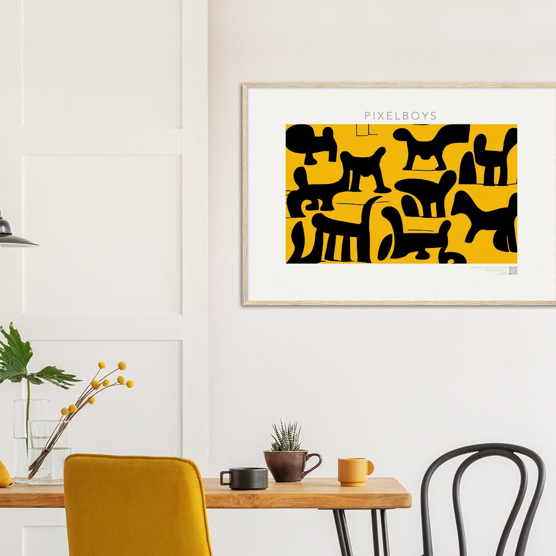 Poster mit Rahmen (Holz) - Doodlemania "weird animals on yellow" - No.3 - bedruckte Tasse-  gelb - Cup - Hunde - Katzen - Doodle Kunst - dogs - Cats - gastro - Poster mit Rahmen - doodle artwork - Acrylbild - Kunstdruck - Wandbild - office Poster - Poster with frame -  Künstler: Pixelboys & The Unknown Artist Nb.517 - keith haring - Gastro Art - anti stress art - Art Brand - Kunstdruck - Gastro Tasse - 