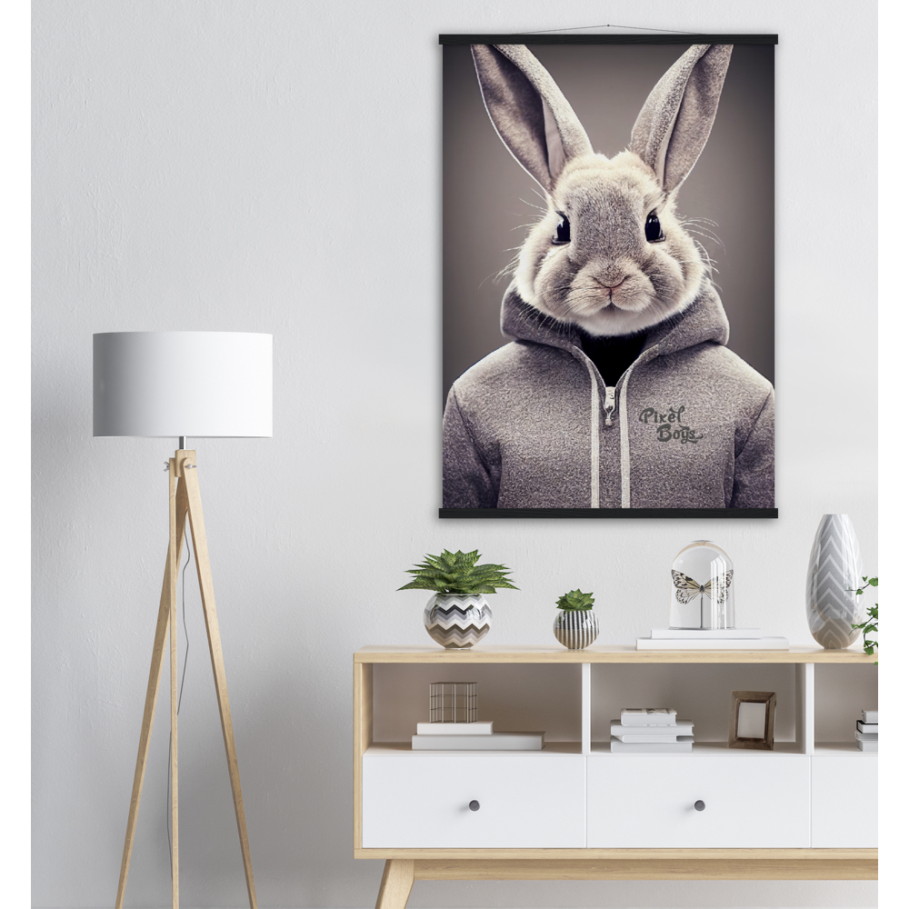 Poster mit Leisten (Holz) - Bunny in grey Hoodie - "Constantin" - Fashion Gang - Wandbild - Ostern - Geschenkidee - Osterhase - Bunny Crew: "Constantin" - "Caesar" - "Titus" - "Cleo" - Weisser Hase - Easter Bunny - Cute - grey Hoodie - sweats - Alice's Adventures in Wonderland - Modemarke - Pixelboys Brand - Constantin der Hase - Hase - Kaninchen  - Künstler: "Pixelboys" - Atelier - Germany - Berlin - Hamburg - Colgne - France - Paris - Italy - Rom - USA - America - New York City - Los Angeles - Chicago - 