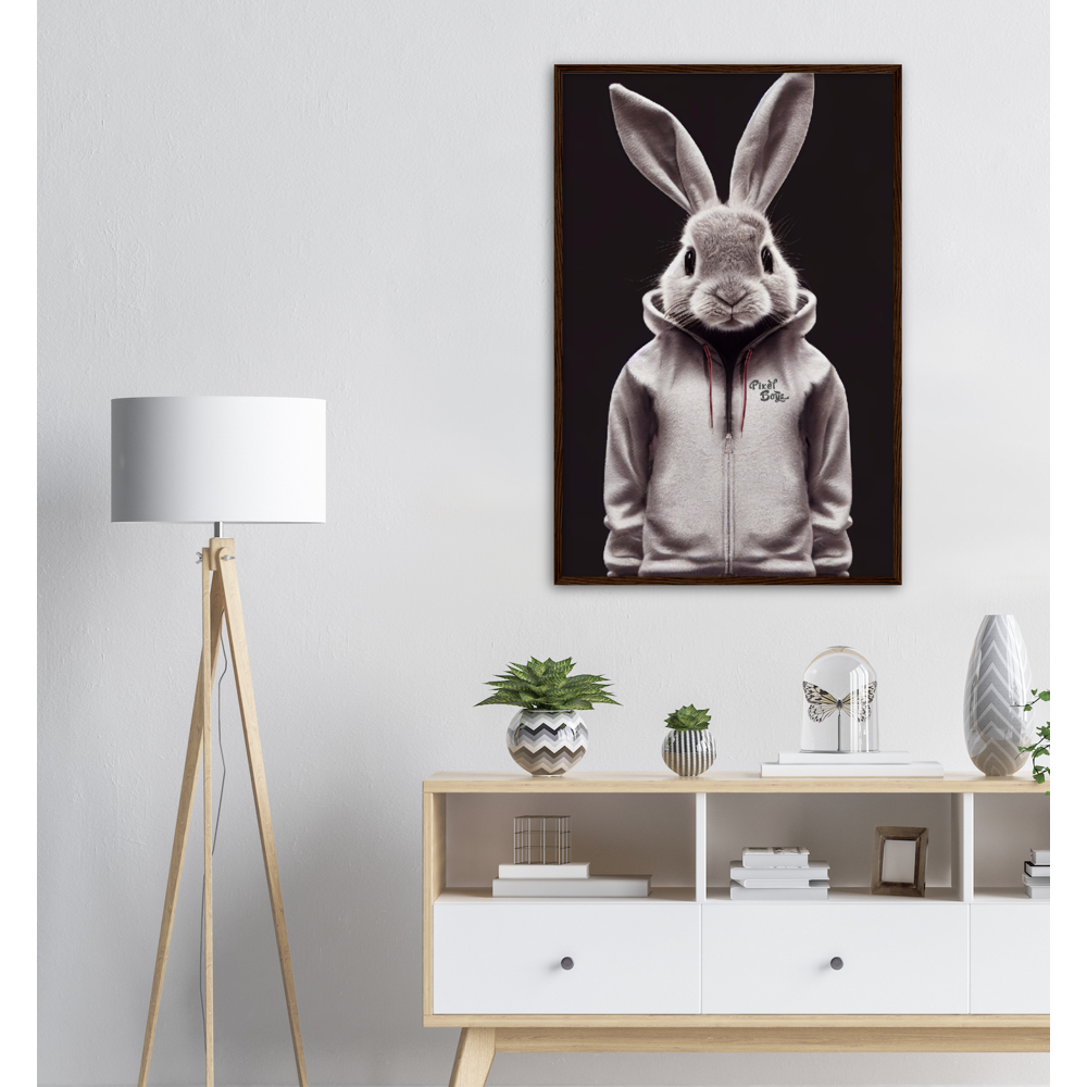 Poster mit Rahmen (Holz) - Bunny in grey tracksuit - Fashion Gang - Wandbild - Ostern - Geschenkidee - Osterhase - Bunny Crew: "Valerian" - "Caesar" - "Constantin" - "Cleo"-Titus - Weisser Hase - Easter Bunny - Cute - grey tracksuit - sweats - Alice's Adventures in Wonderland - Modemarke - Pixelboys Brand - Valerian der Hase - Kaninchen  - Künstler: "Pixelboys" - Atelier - Germany - Berlin - Hamburg - Colgne - France - Paris - Italy - Rom - USA - America - New York City - Los Angeles - Chicago - 