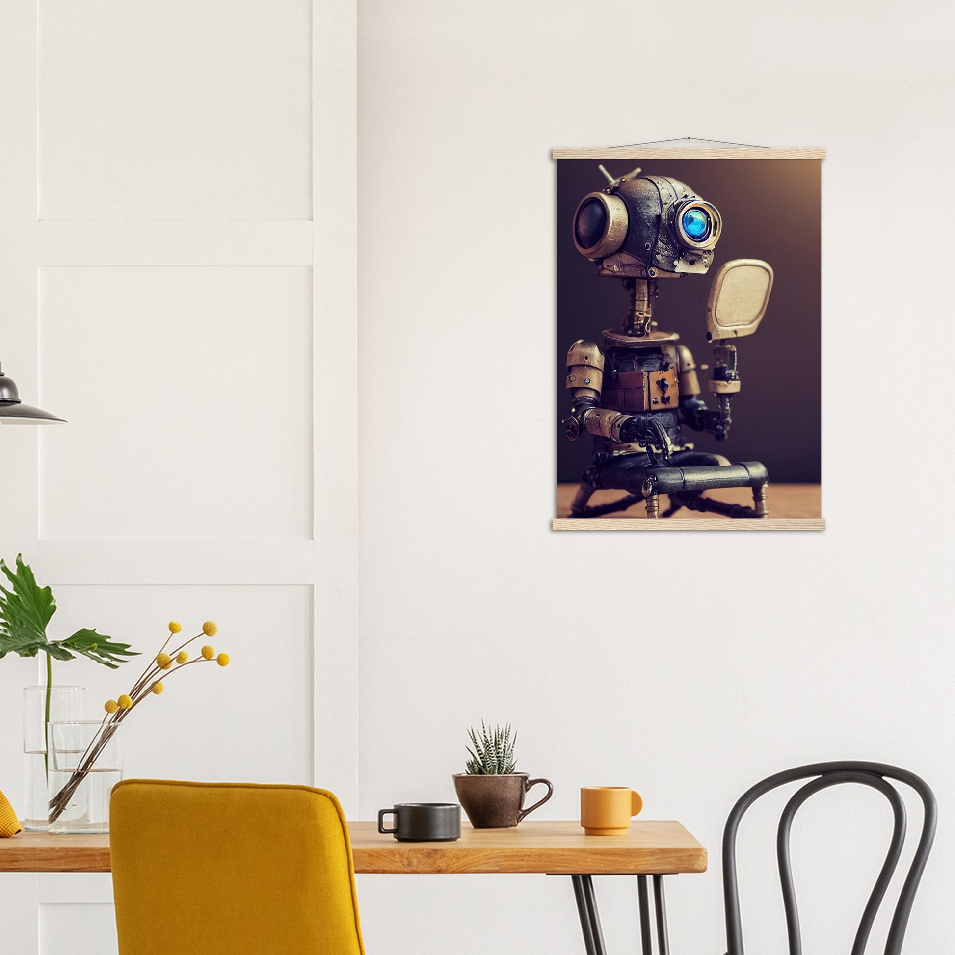 Poster mit Leisten (Holz) in Museumsqualität - Tiny robot with a mirror - Hitoshi 人 - Wall Art - Spiegel - Acryldruck - Wandkunst - Customizable Coffee Cup - Personalized Gifts - Kunstdruck - Kleine Roboter - Acryldruck - Little Robots - Personalized Gifts - Tiny  - Steampunk - zukunft - Poster with frame - Kunstwerk - Office Poster - Poster mit Rahmen - Kaffee Tasse - Poster - Bedruckte Tassen - Kunst Marke - Art Brand - Kunstdrucke - Künstler: John Grayst & Pixelboys - emotional robots - Geschenkidee - 