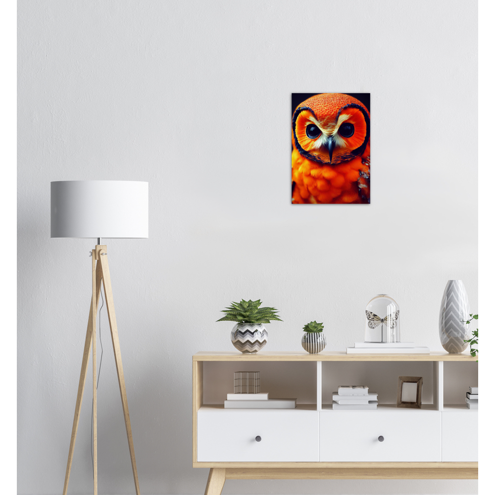 Poster in Museumsqualität - Fruit Owl No. 1 - "Orangina", the orange owl - Serie Fruit Owls - Schleiereulen - lat. Tytonidae - Fruchteulen - Vogel - Bird - Strigiformes - Noctua - Ornithologie - Kunstwerk - Acryldruck - Poster mit Rahmen - Poster mit Leisten - Bedruckte Tassen - Kunst Marke - Art Brand - Pixelboys - Kunstdruck - Acrylbild - Wandbild - Kunstdrucke - Papier: 250g/qm - Künstler: John Grayst & Pixelboys - Eulen - Owl-  - Atelier - England - London - Birmingham - Manchester - Leeds - Liverpool 