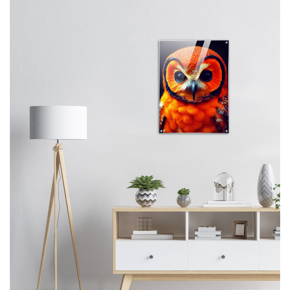 Acrylbild - Fruit Owl No. 1 - "Orangina", the orange owl - Serie Fruit Owls - Schleiereulen - lat. Tytonidae - Fruchteulen - Vogel - Bird - Strigiformes - Noctua - Ornithologie - Kunstwerk - Acryldruck - Poster mit Rahmen - Poster mit Leisten - Bedruckte Tassen - Kunst Marke - Art Brand - Pixelboys - Kunstdruck - Acryldruck - Wandbild - Kunstdrucke - Papier: 250g/qm - Künstler: John Grayst & Pixelboys - Eulen - Owl-  - Atelier - England - London - Birmingham - Manchester - Leeds - Liverpool  